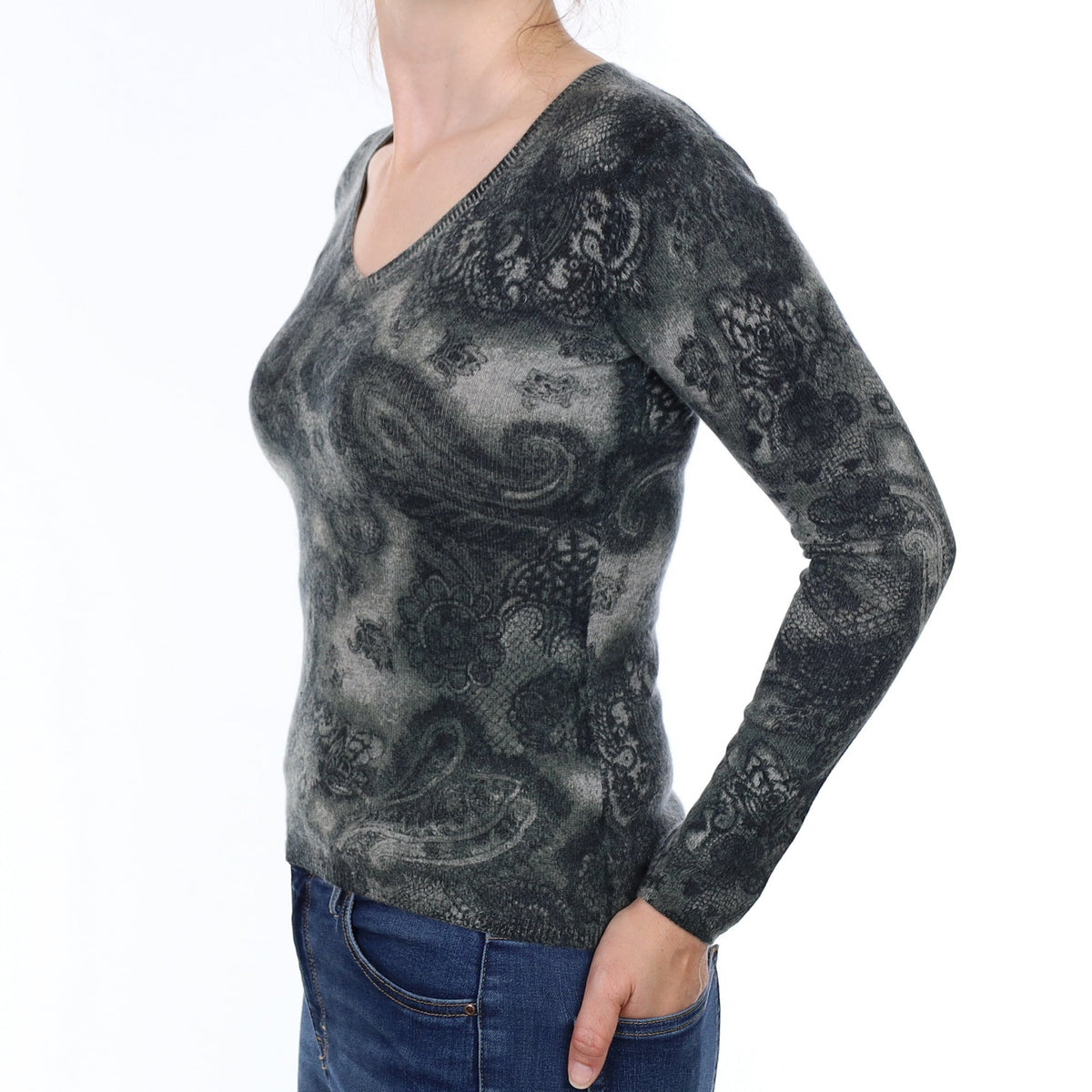 Grey Paisley Cashmere V Neck Jumper Small