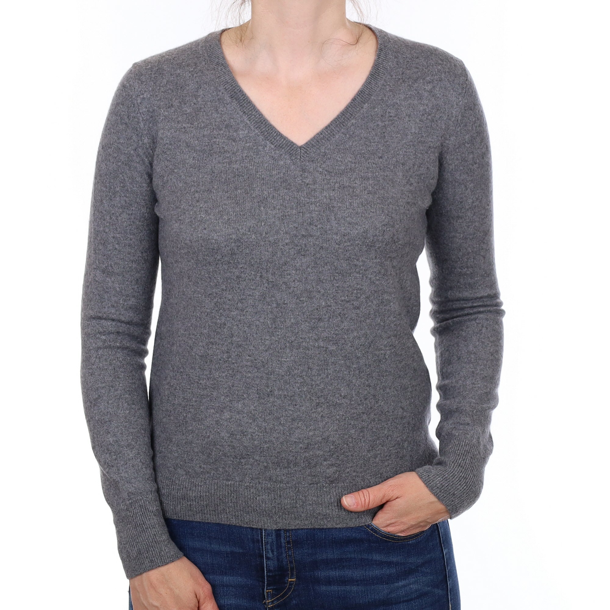 Slate Grey Cashmere V Neck Jumper Small