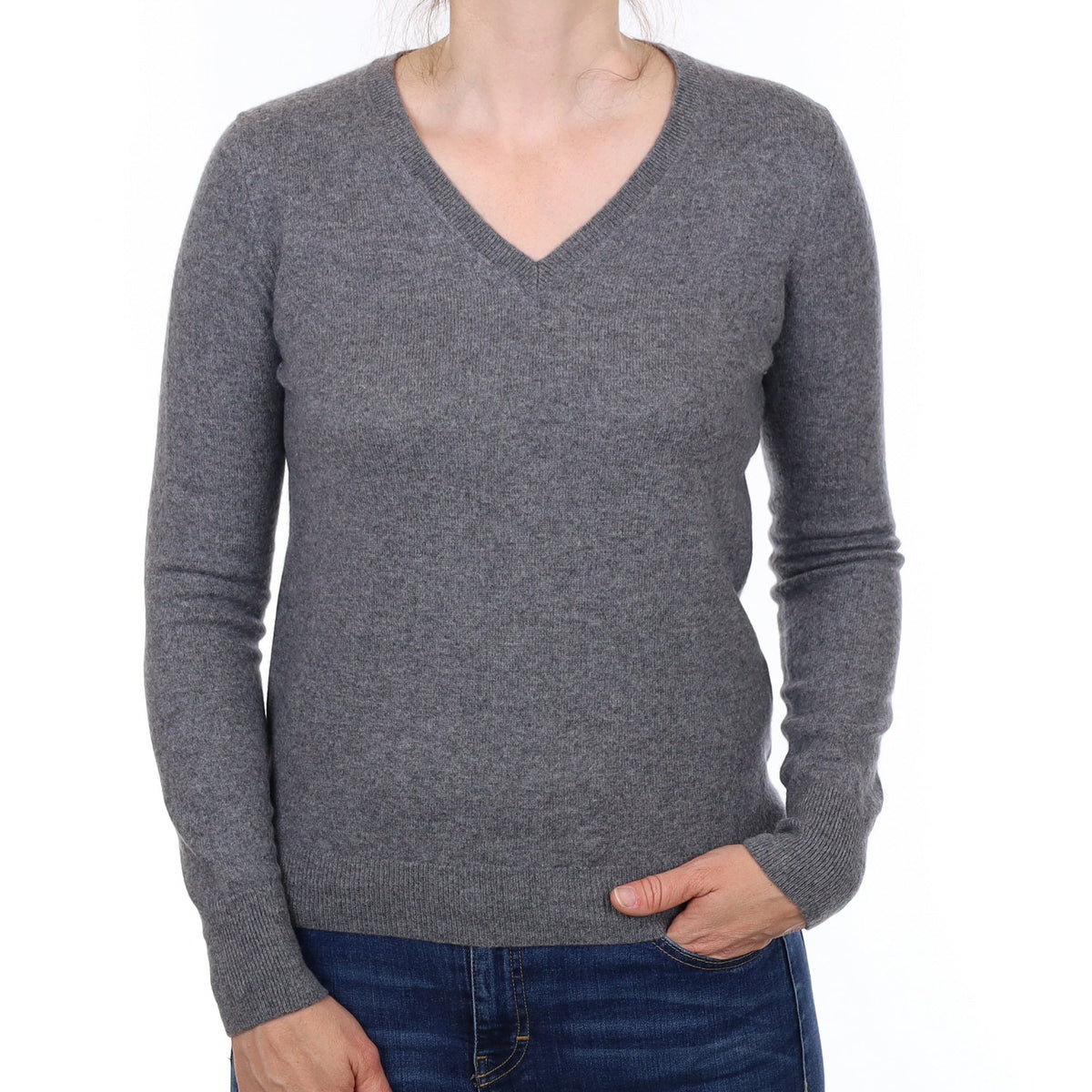 Slate Grey Cashmere V Neck Jumper Small