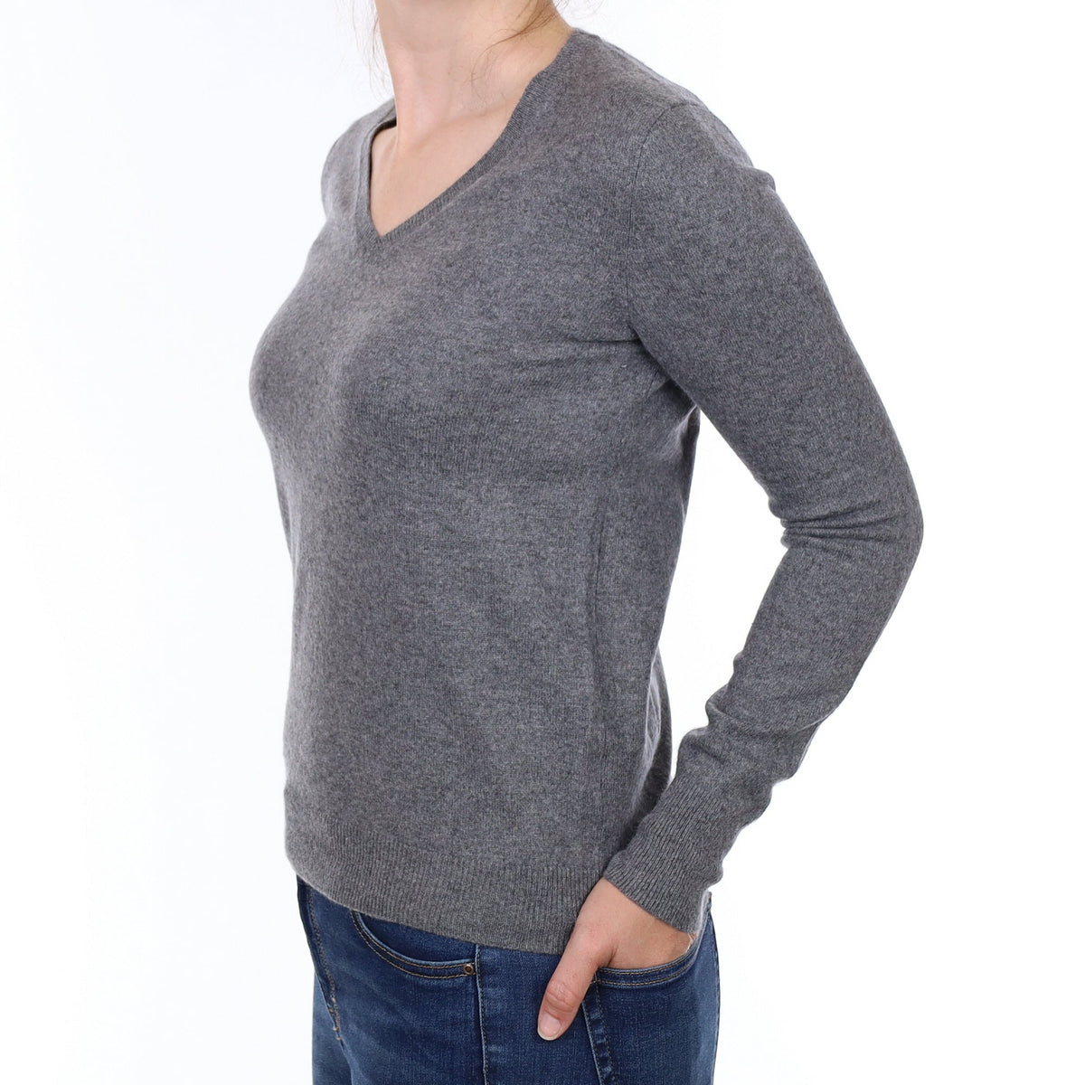 Slate Grey Cashmere V Neck Jumper Small