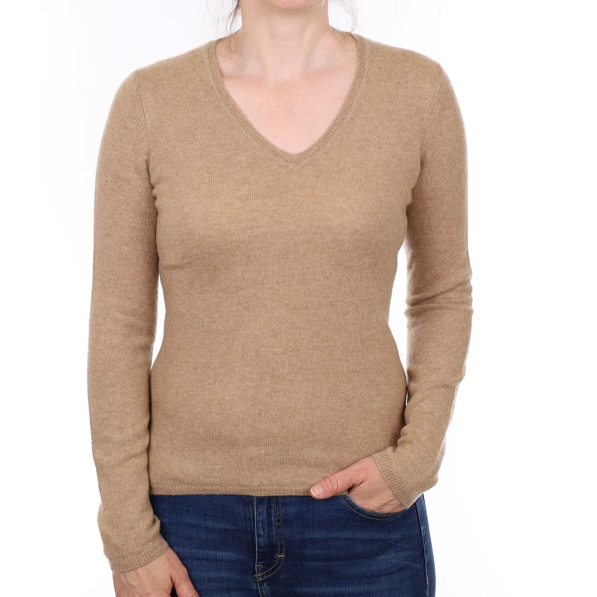 Fudge Brown Cashmere V Neck Jumper Small