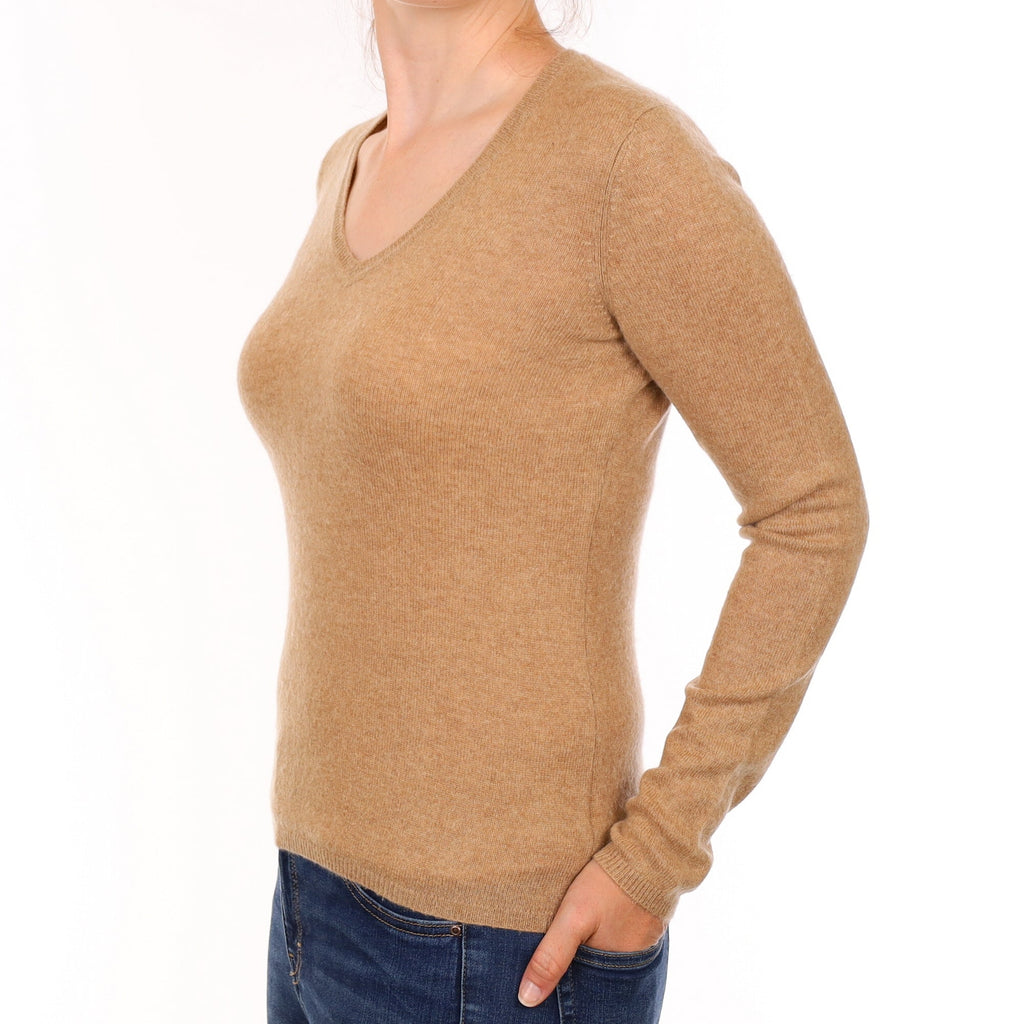 Fudge Brown Cashmere V Neck Jumper Small