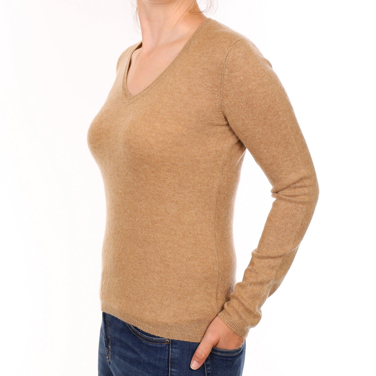 Fudge Brown Cashmere V Neck Jumper Small