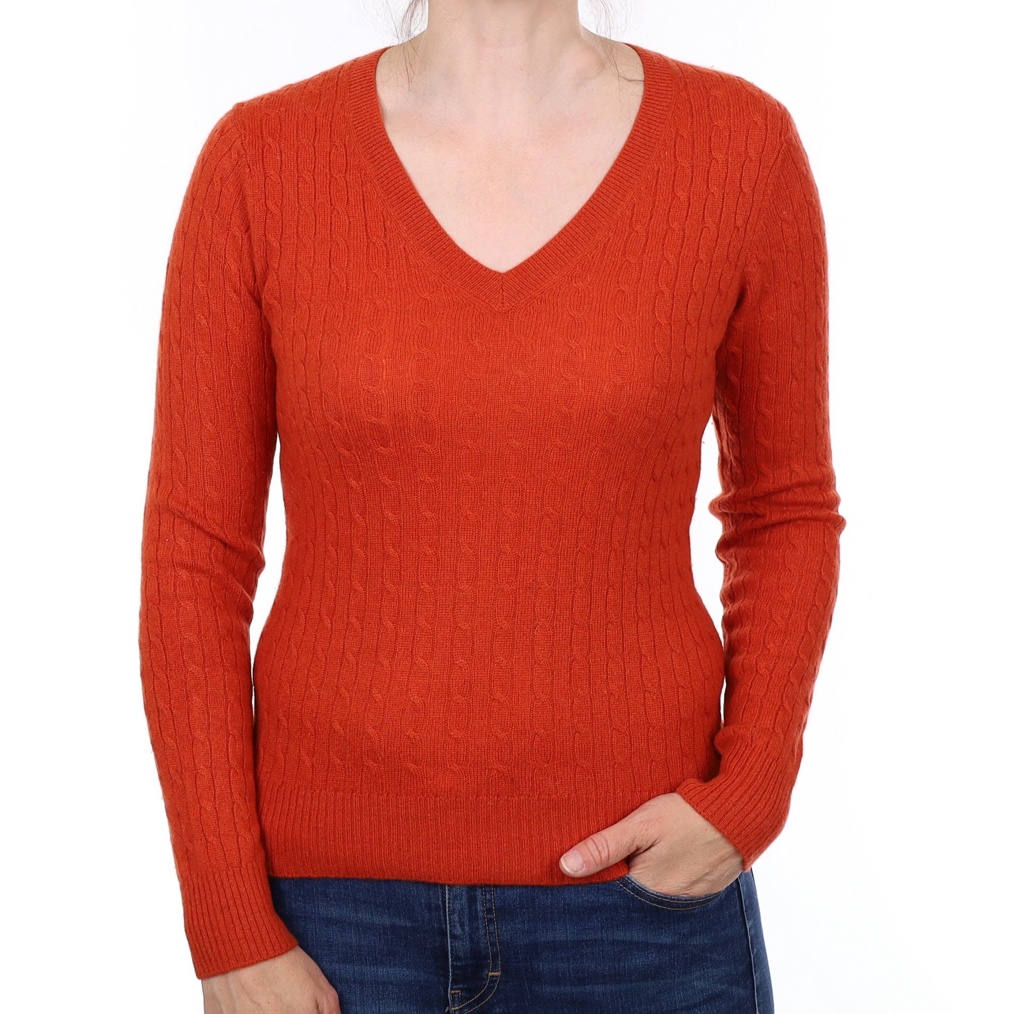 Burnt Orange Cable Cashmere V Neck Jumper Small