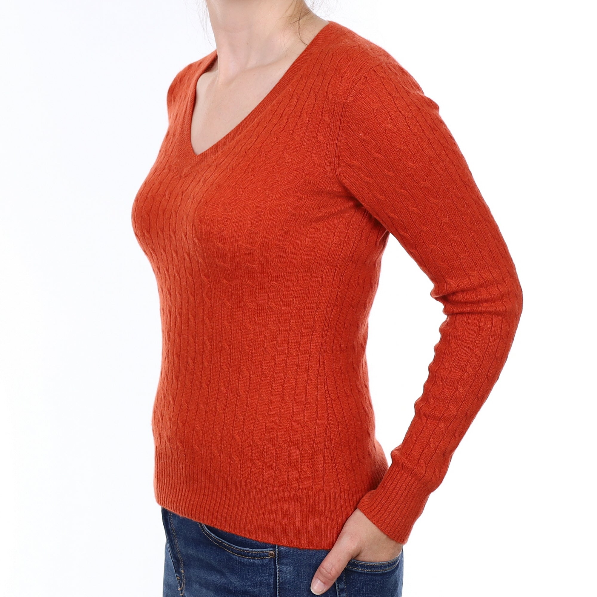 Burnt Orange Cable Cashmere V Neck Jumper Small