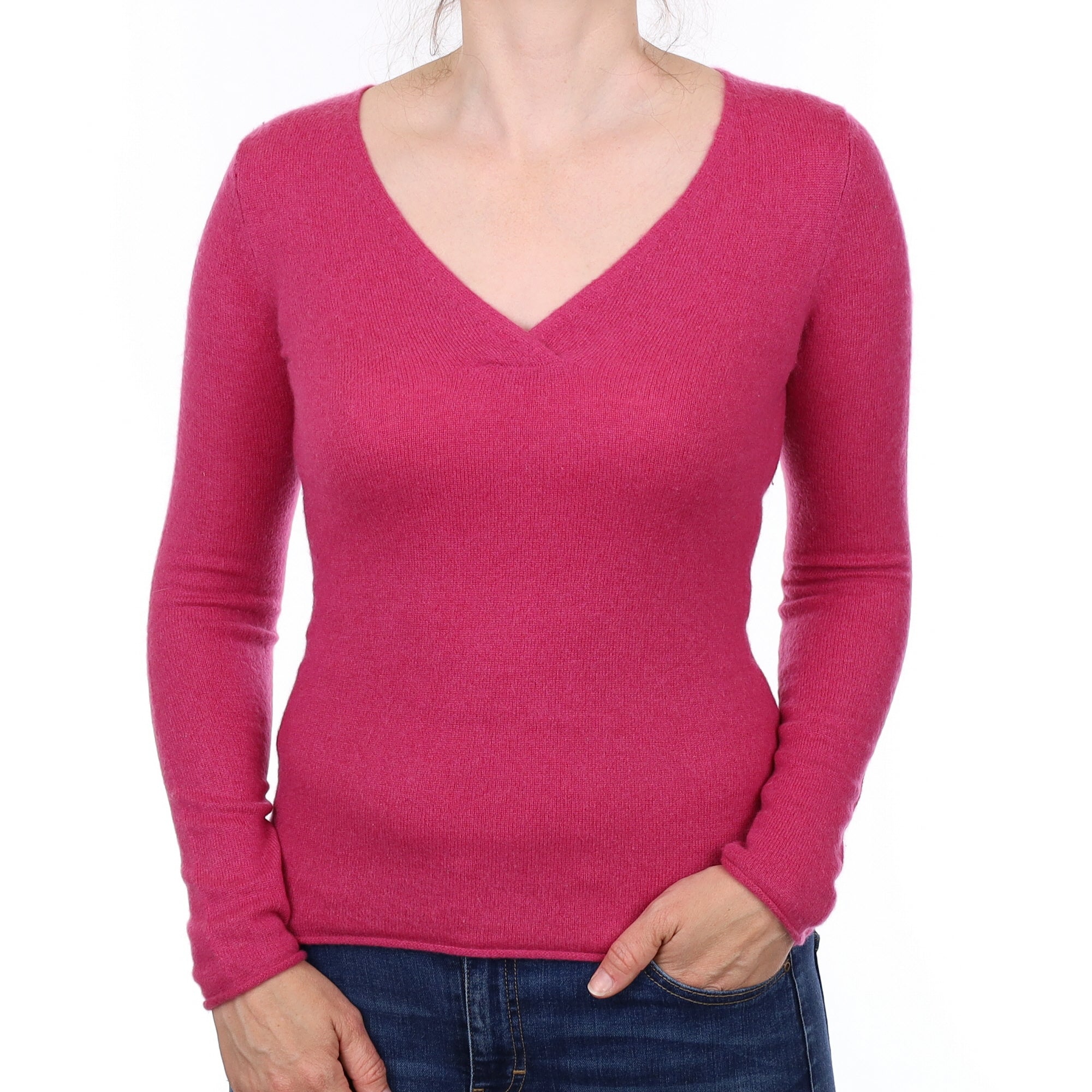 Raspberry Pink Cashmere V Neck Jumper Small
