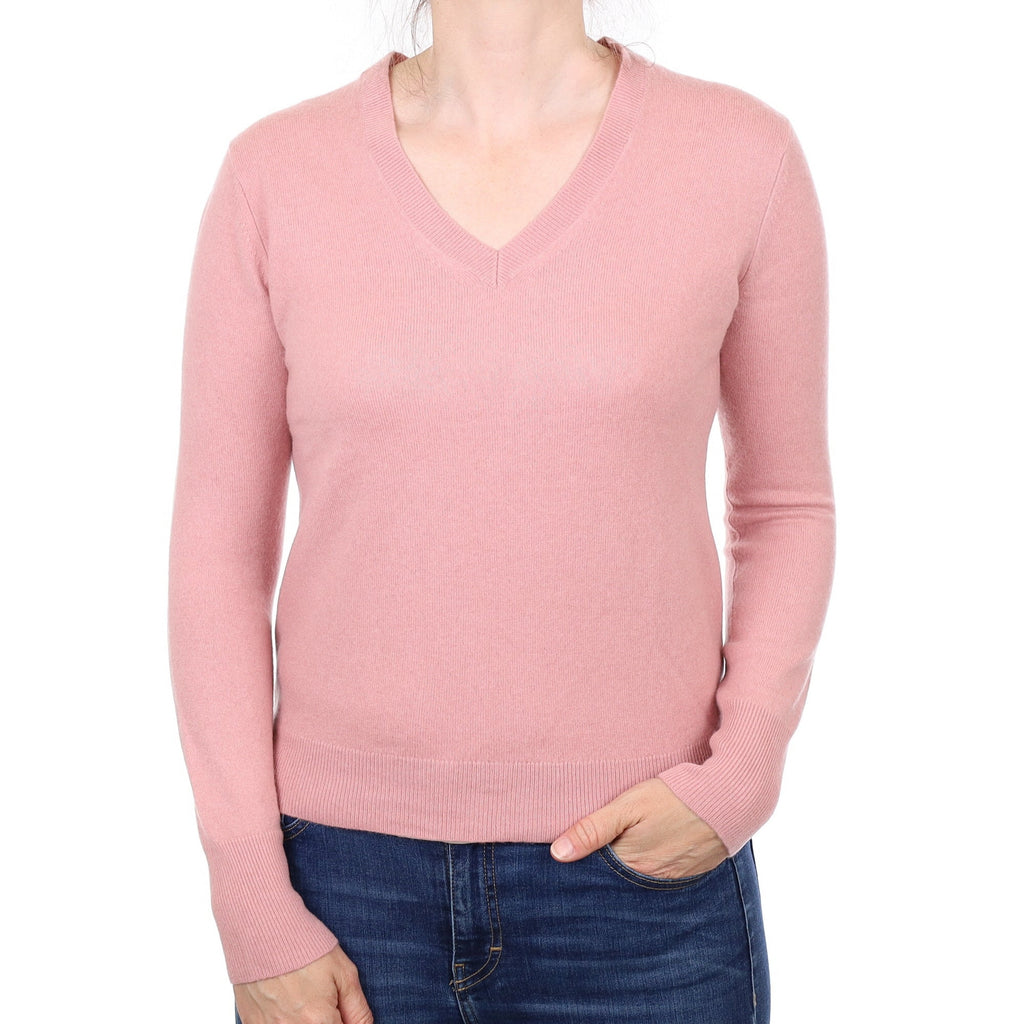 Dusky Pink Cashmere V Neck Jumper Small