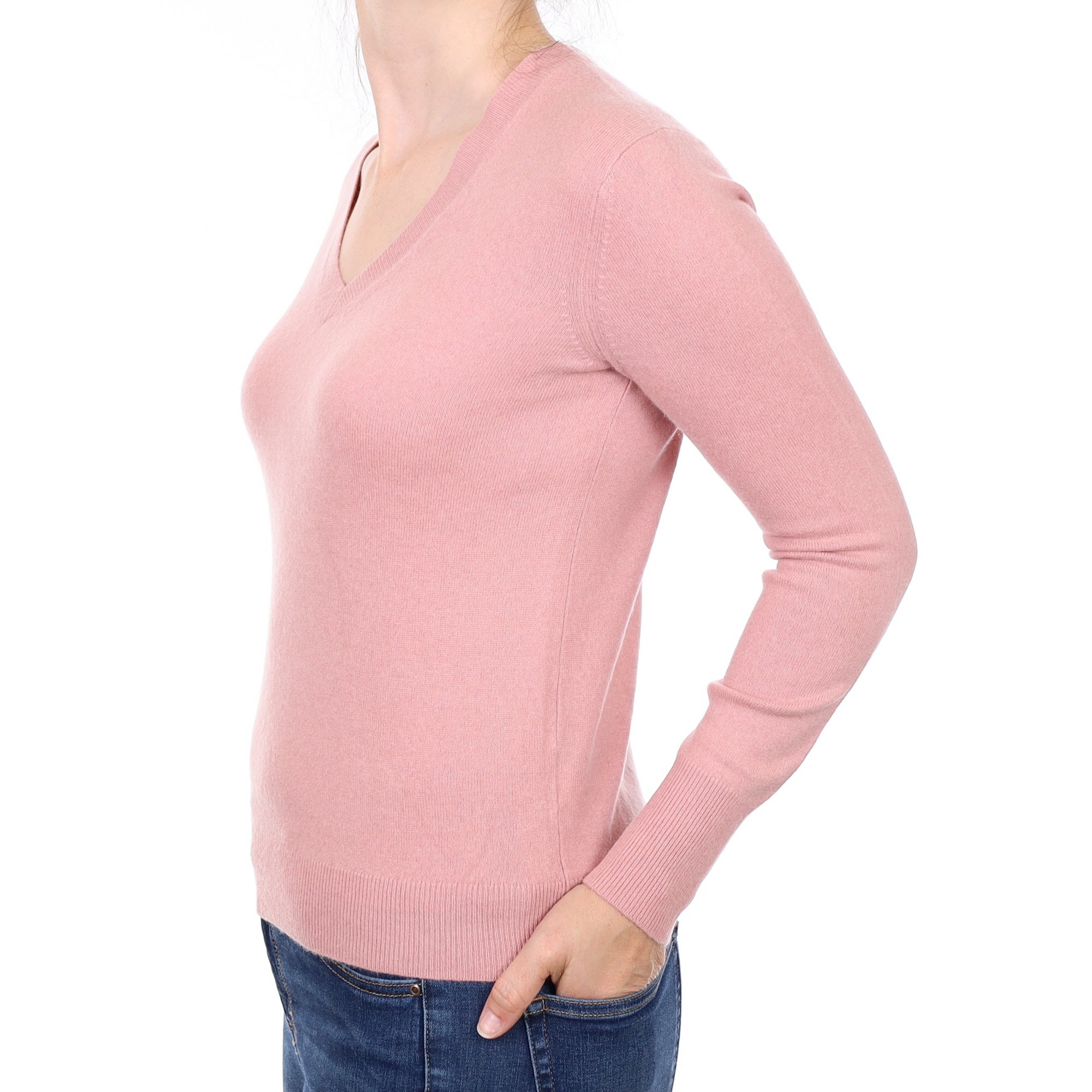 Dusky Pink Cashmere V Neck Jumper Small