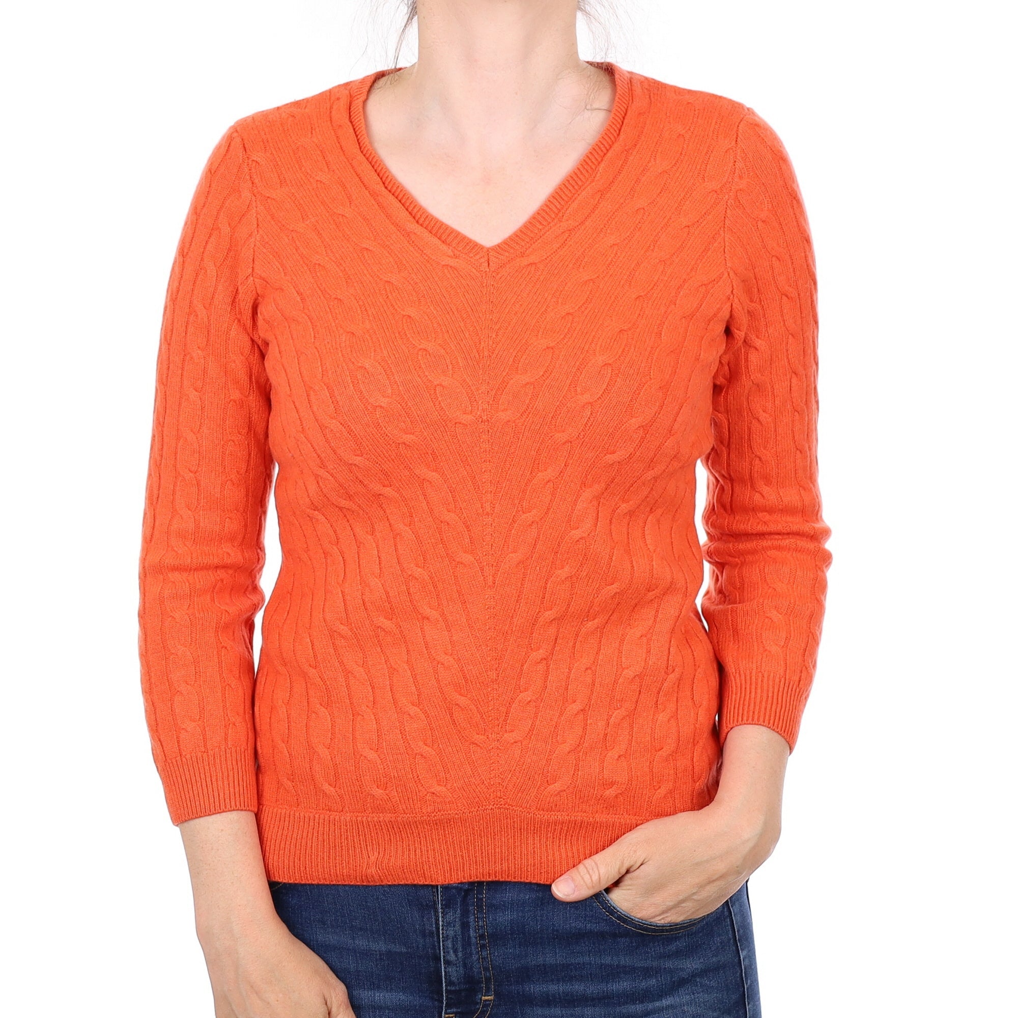 Tangerine Orange Cable Cashmere V Neck Jumper Small