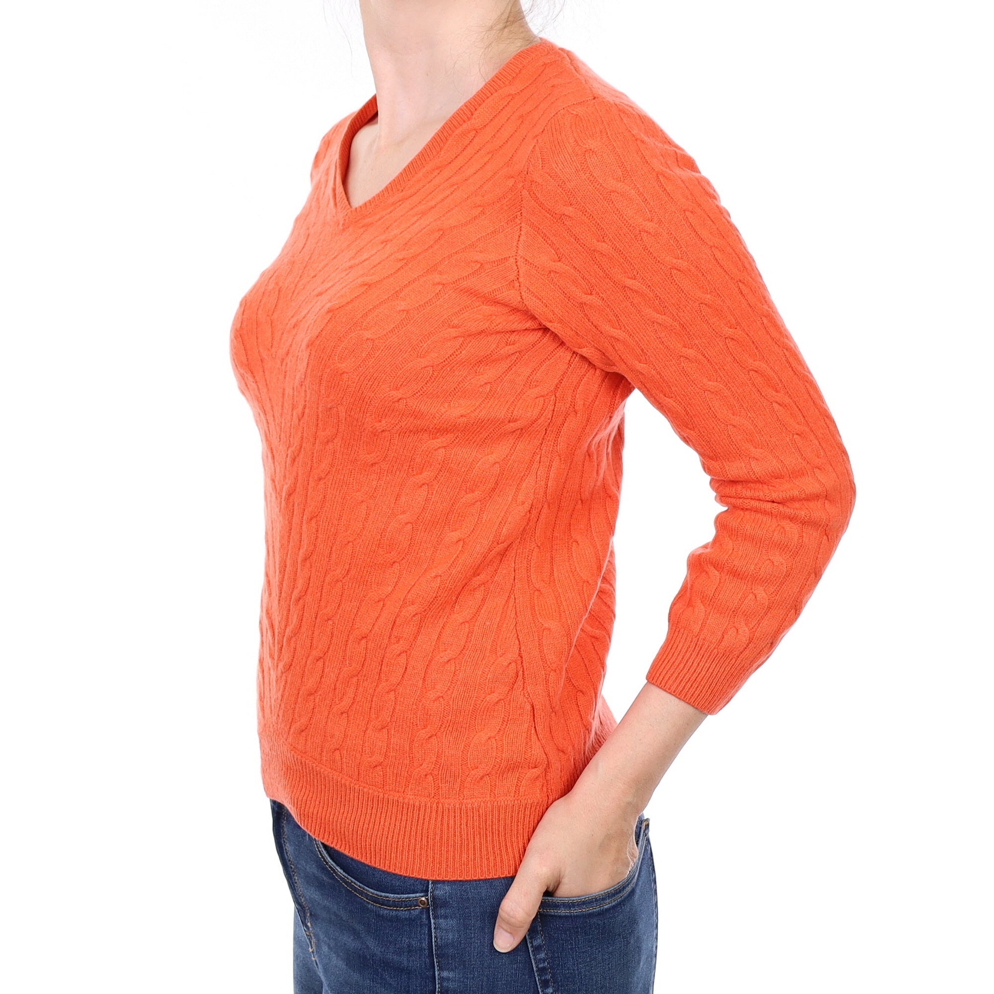 Tangerine Orange Cable Cashmere V Neck Jumper Small