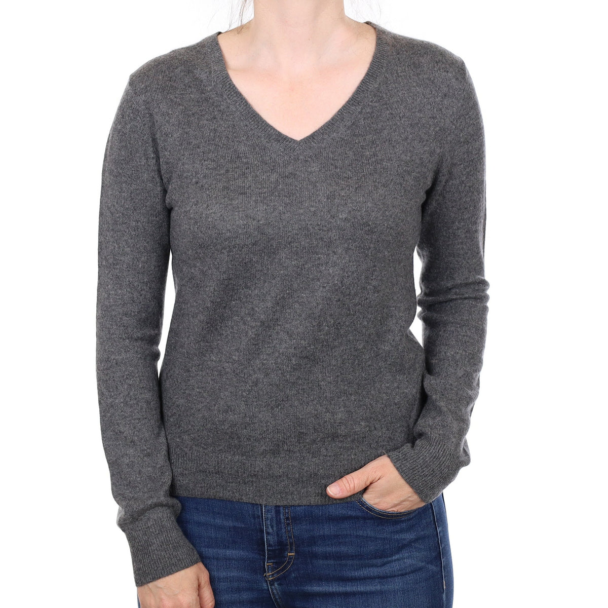 Granite Grey Cashmere V Neck Jumper Small