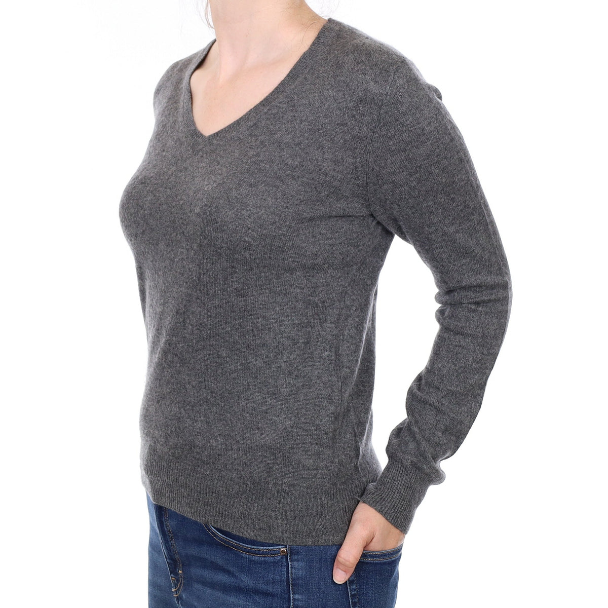 Granite Grey Cashmere V Neck Jumper Small