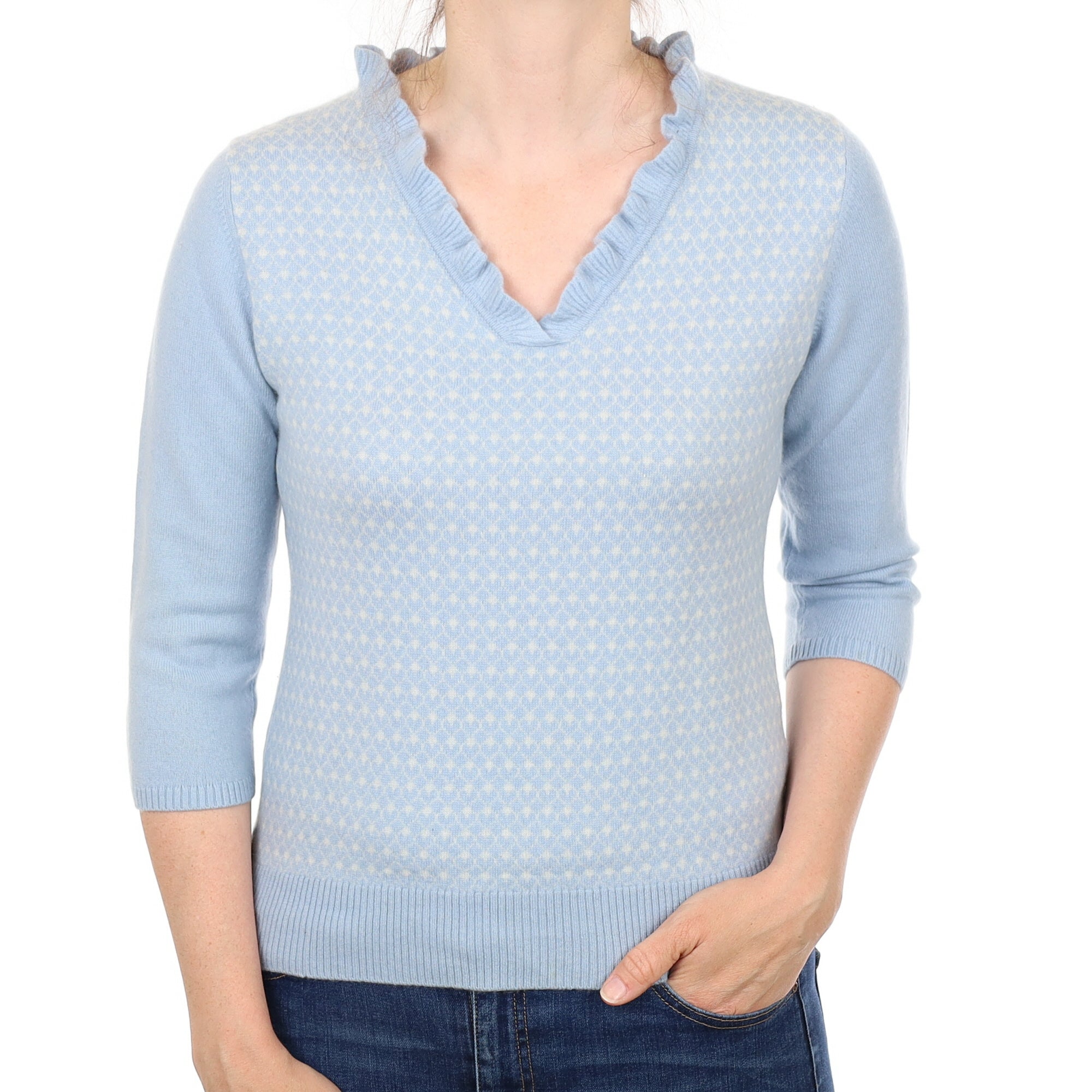 Sky Blue Pattern Cashmere 3/4 Sleeve V Neck Jumper Small