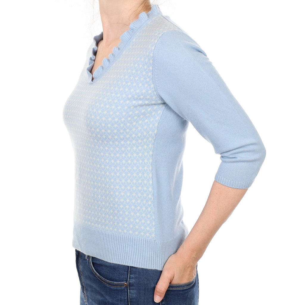 Sky Blue Pattern Cashmere 3/4 Sleeve V Neck Jumper Small