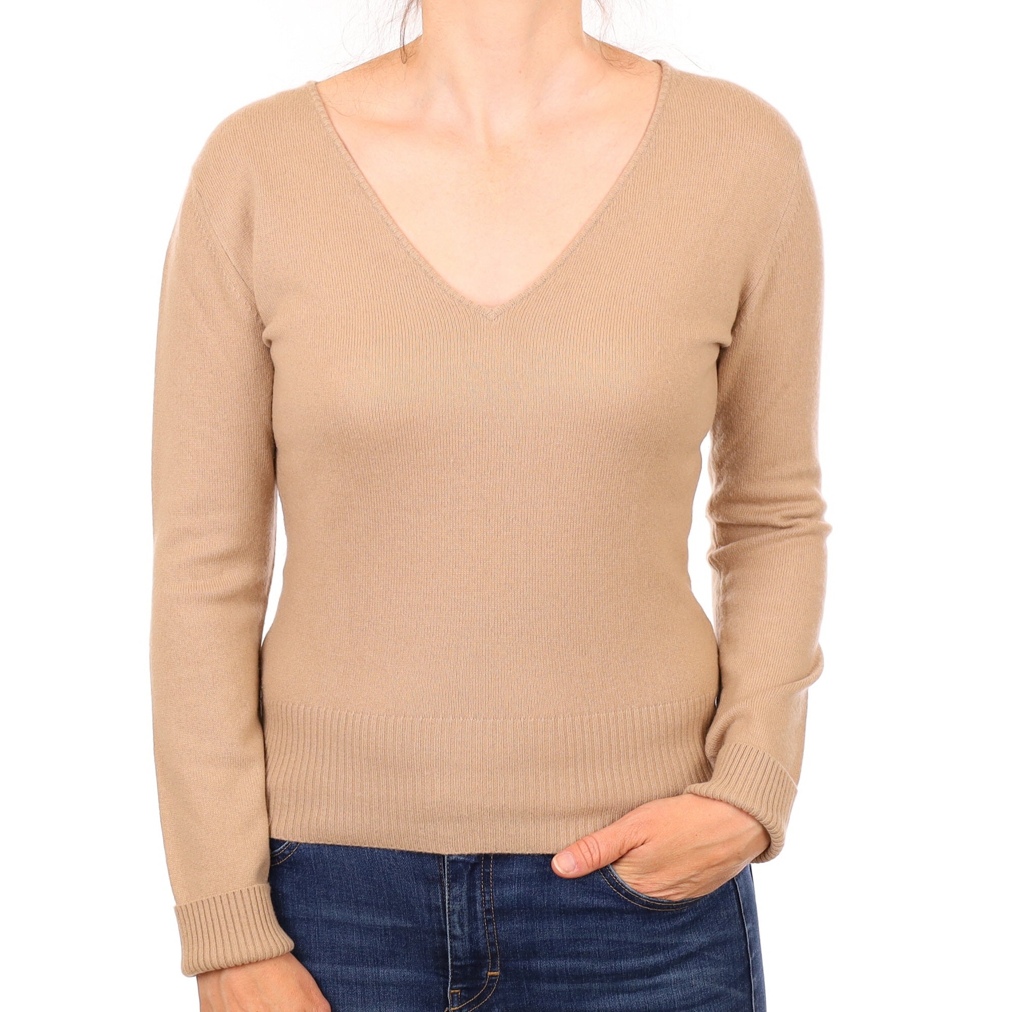 Buff Beige Cashmere V Neck Jumper Small