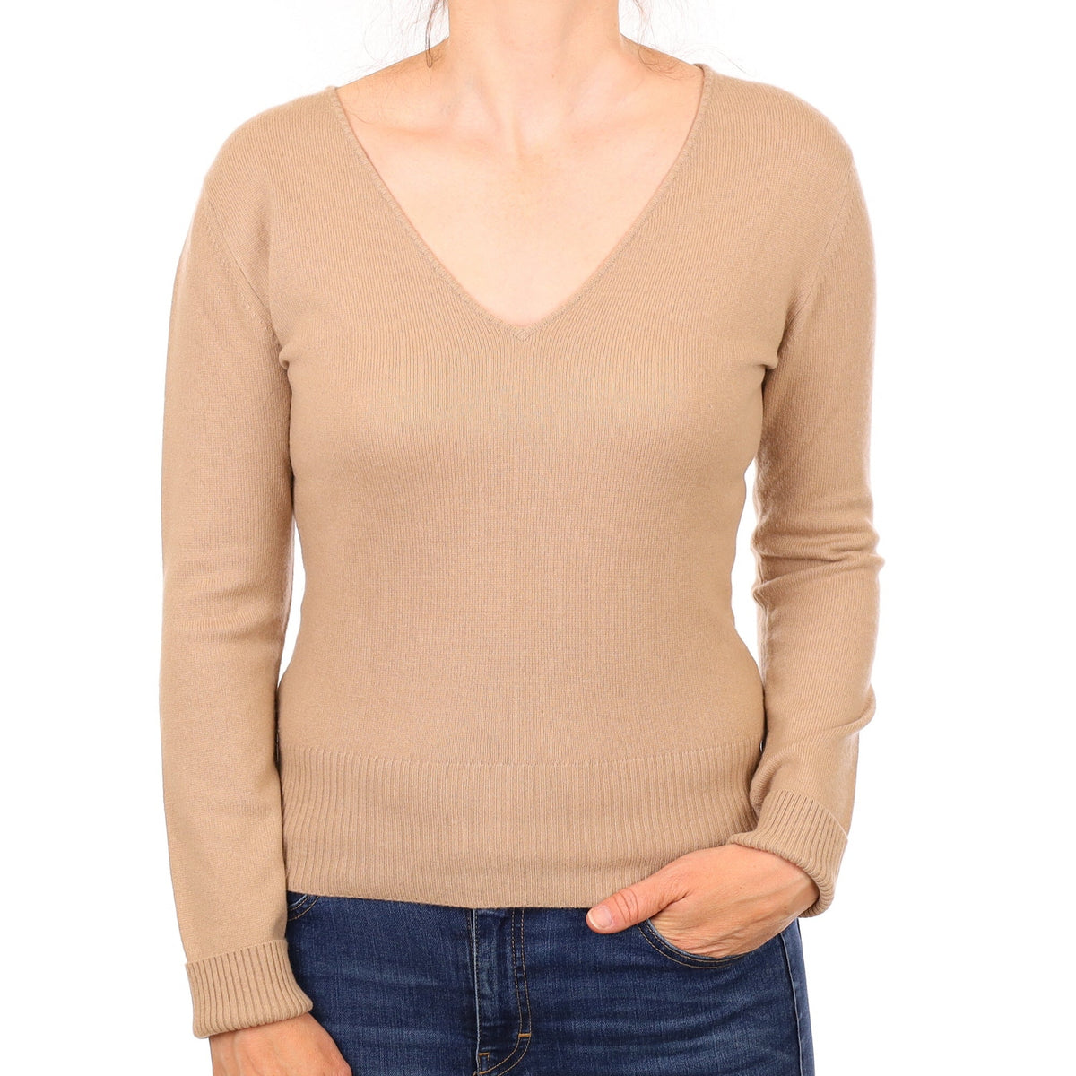 Buff Beige Cashmere V Neck Jumper Small