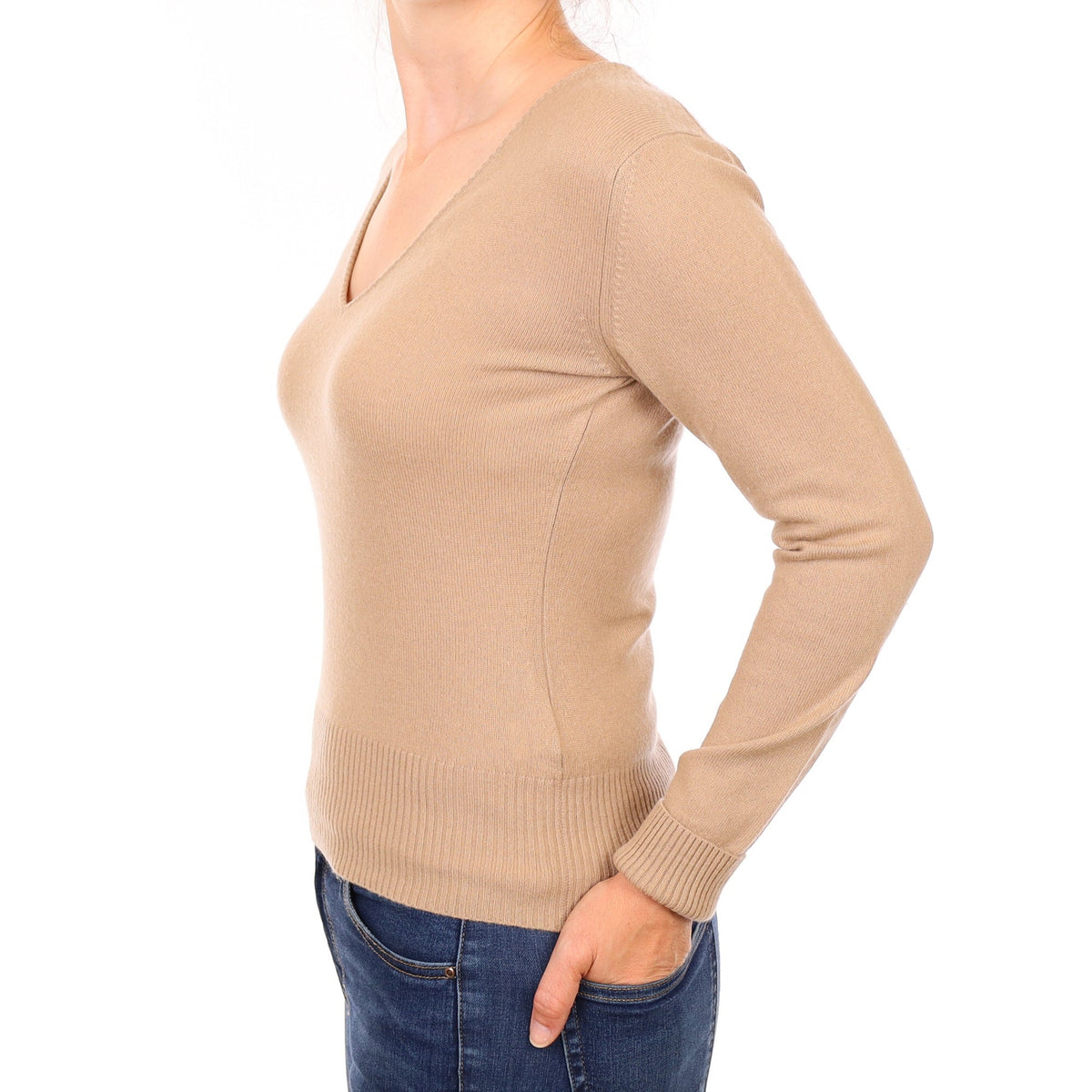 Buff Beige Cashmere V Neck Jumper Small