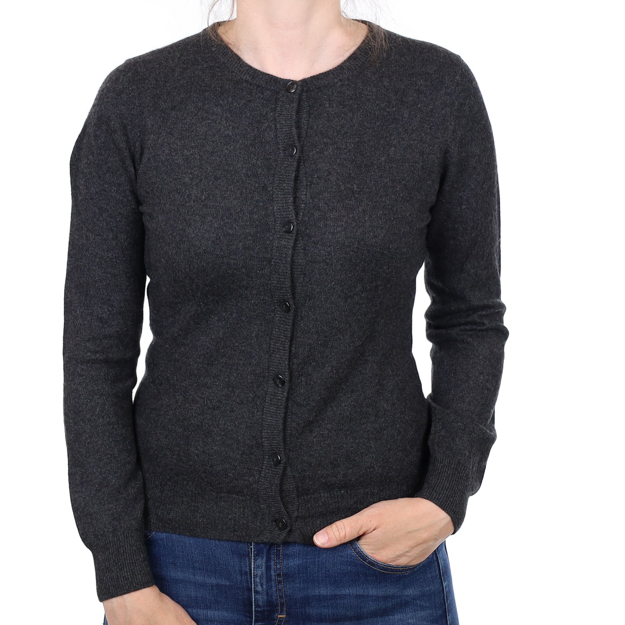 Charcoal Grey Cashmere Crew Neck Cardigan Small