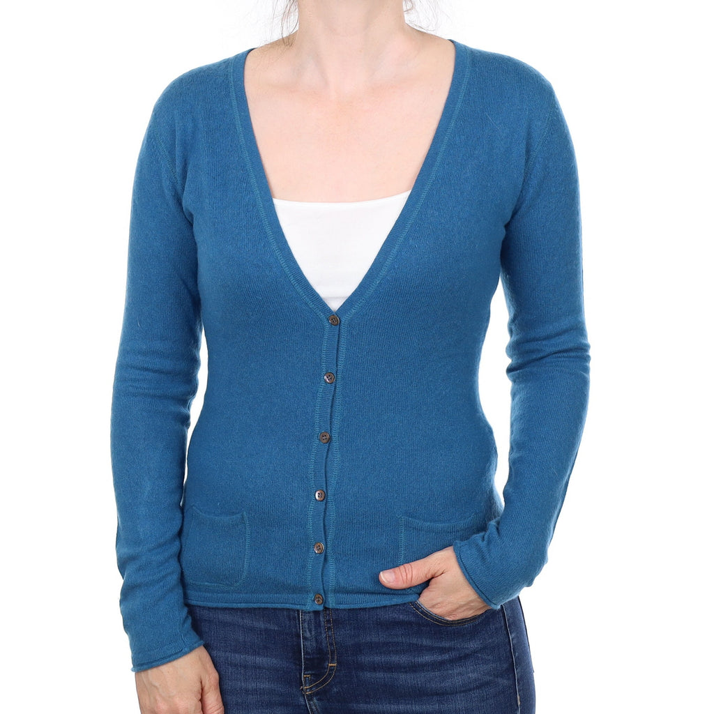 Deep Teal Cashmere V Neck Cardigan with Pockets Small