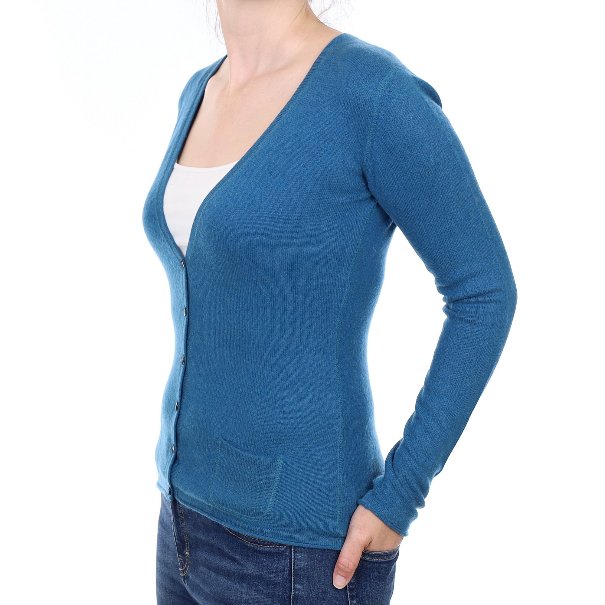 Deep Teal Cashmere V Neck Cardigan with Pockets Small