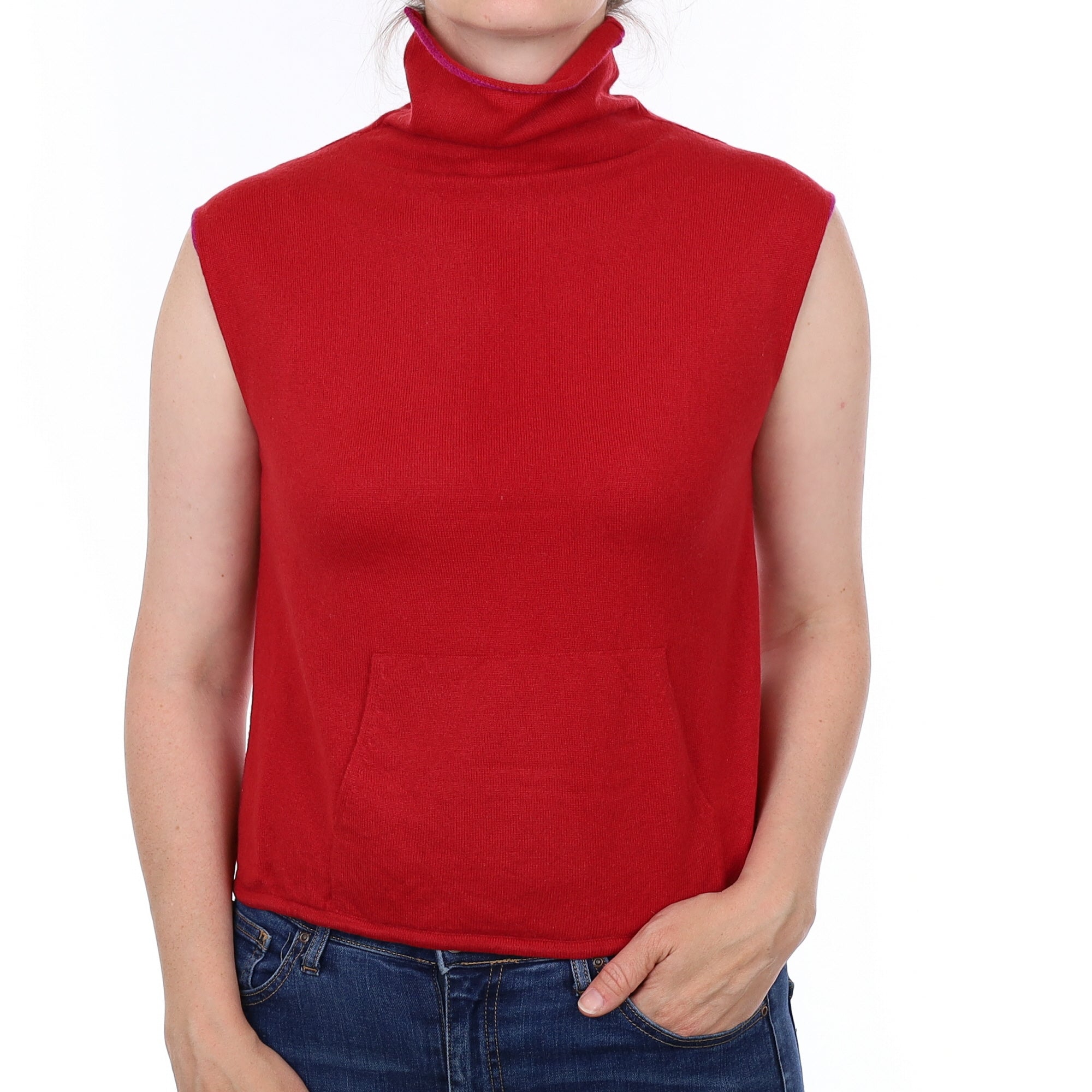 Red Cashmere Sleeveless Turtle Neck Jumper Small