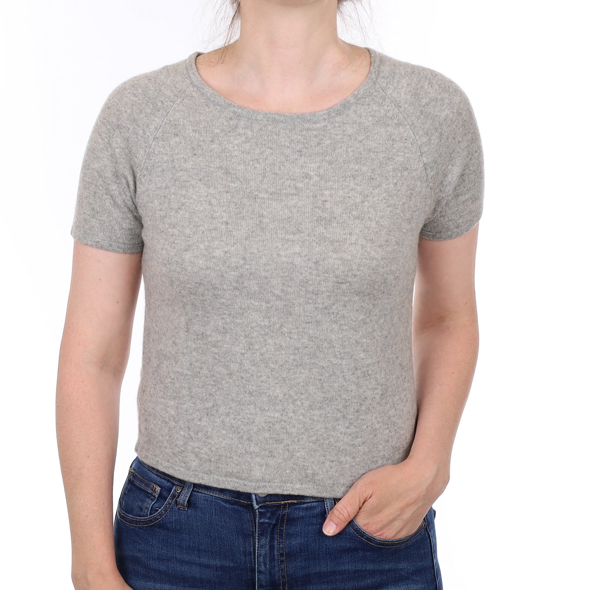 Smoke Grey Cashmere Short Sleeved Crew Neck Jumper Small