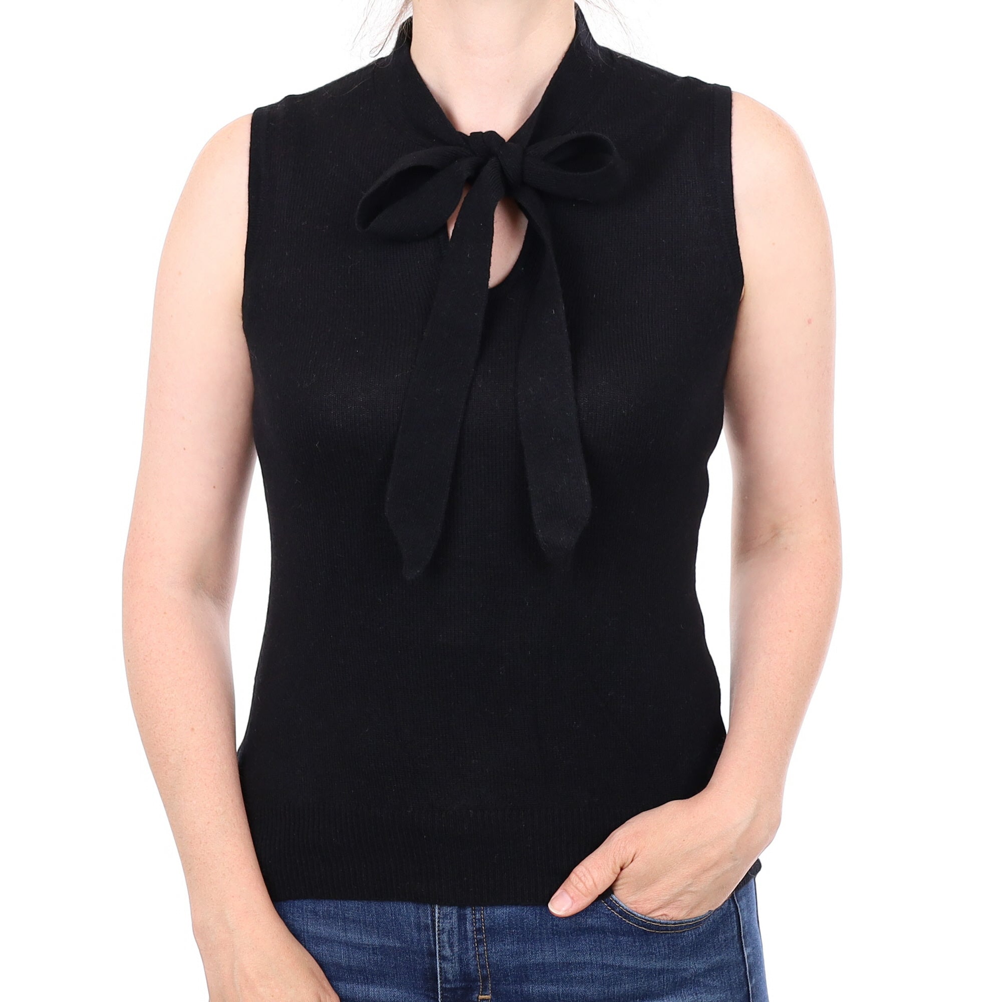Black Cashmere Tie Front Sleeveless V Neck Jumper Small