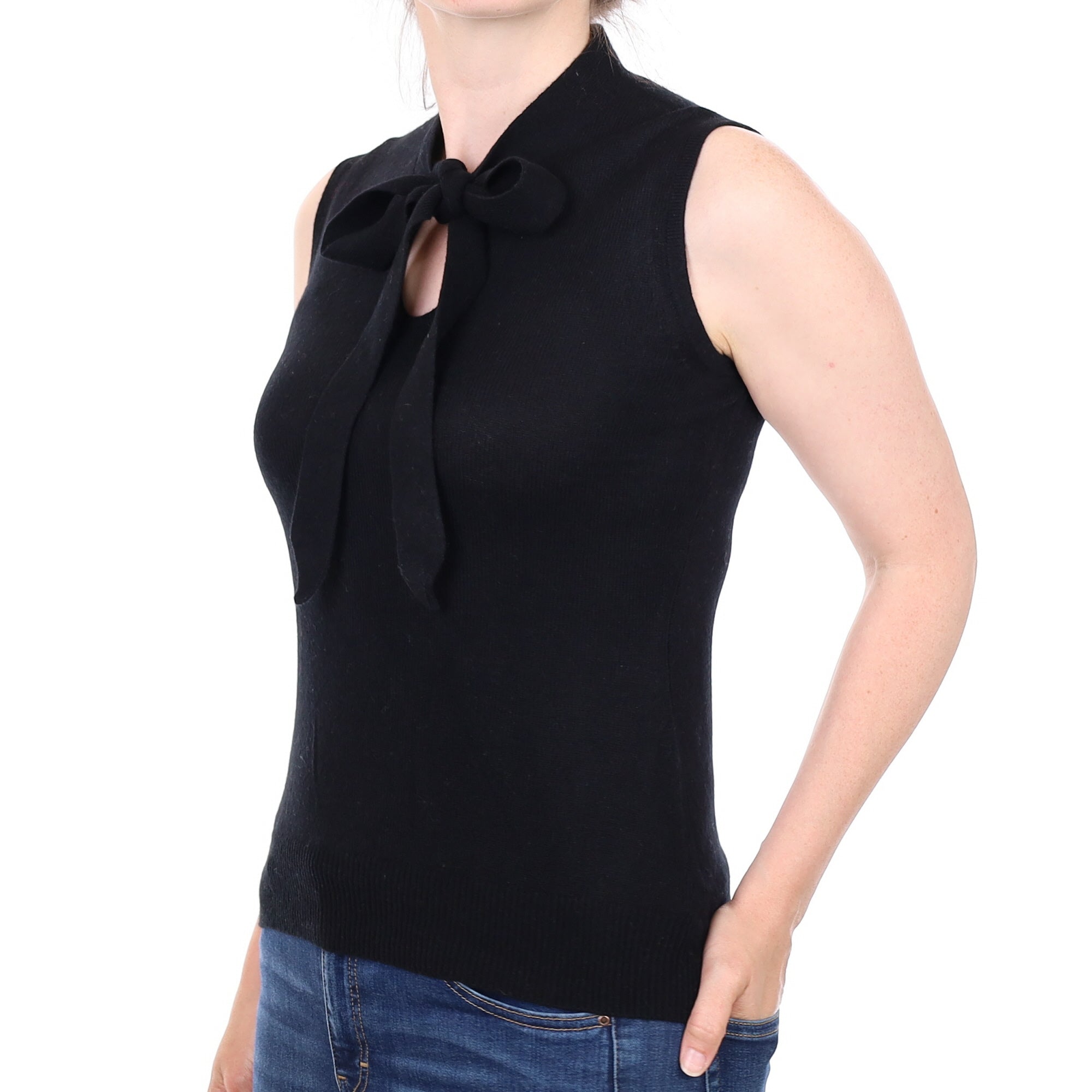 Black Cashmere Tie Front Sleeveless V Neck Jumper Small