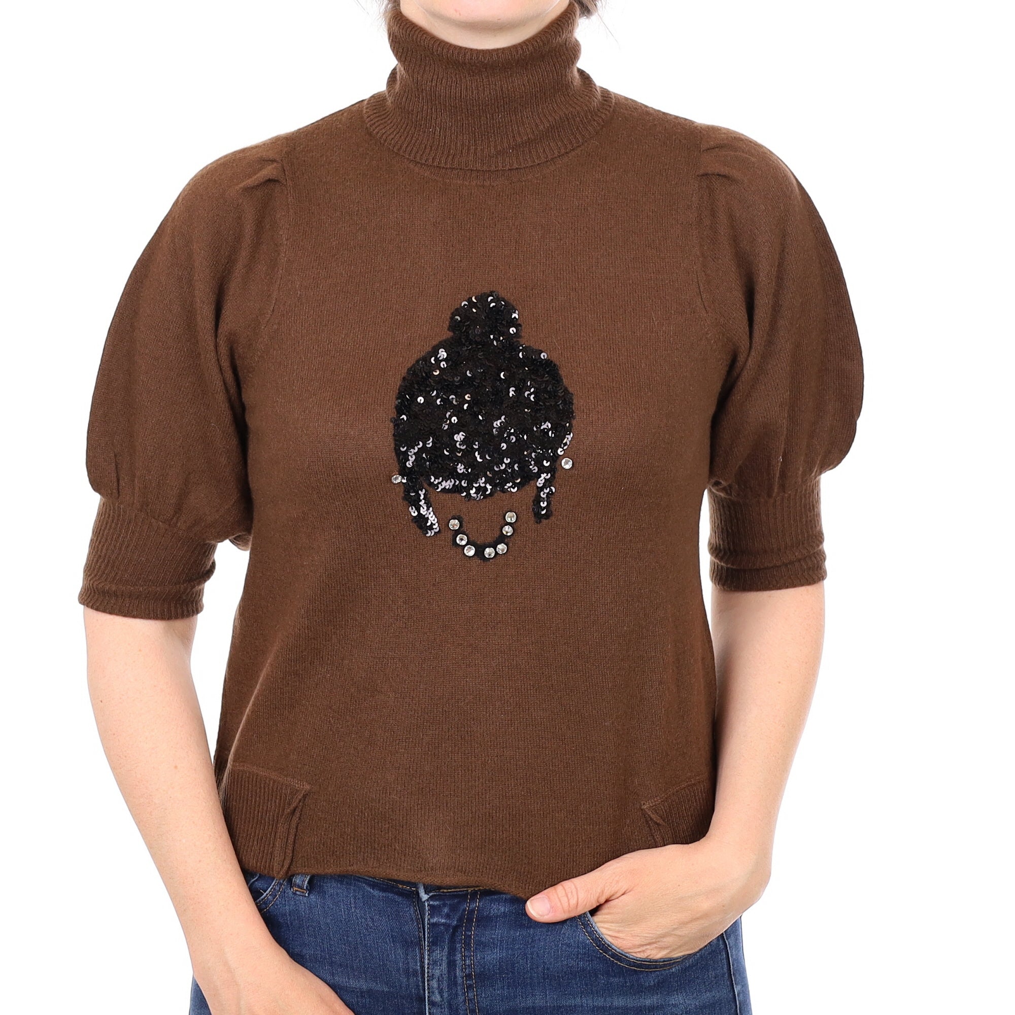 Chocolate Brown Sequin Cashmere Short Sleeved Polo Neck Jumper Small