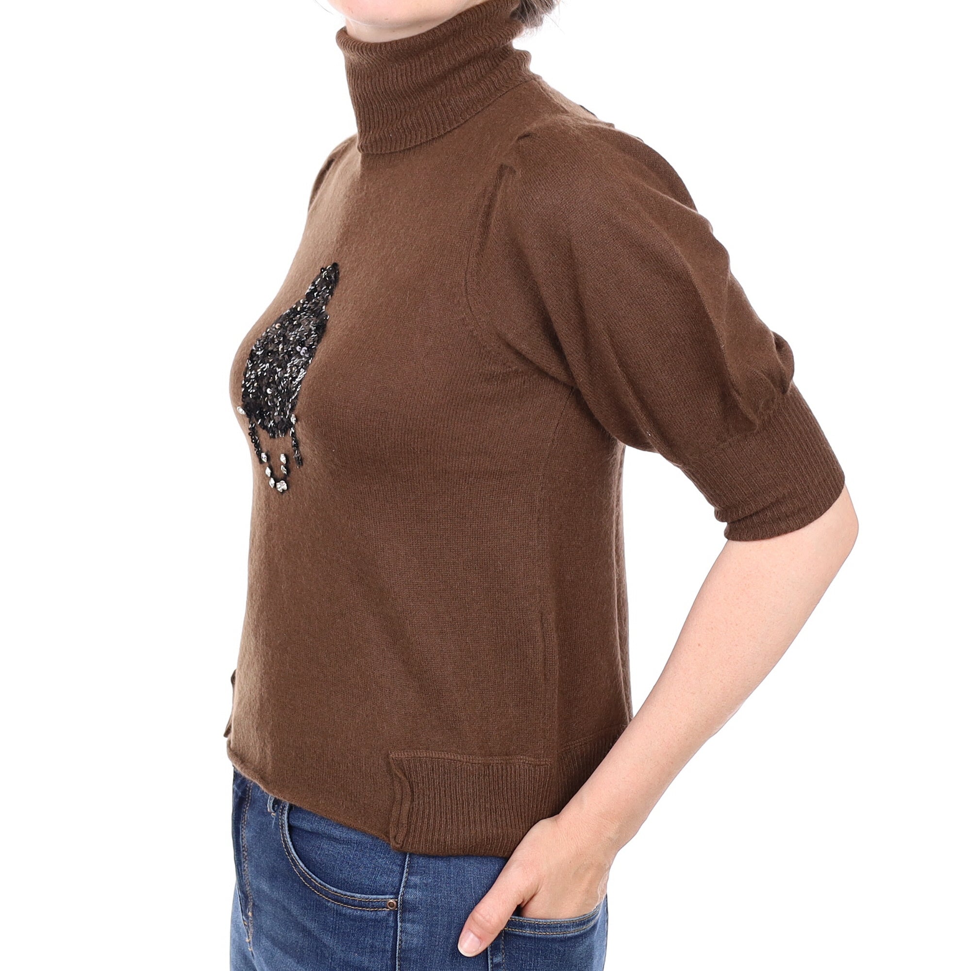 Chocolate Brown Sequin Cashmere Short Sleeved Polo Neck Jumper Small