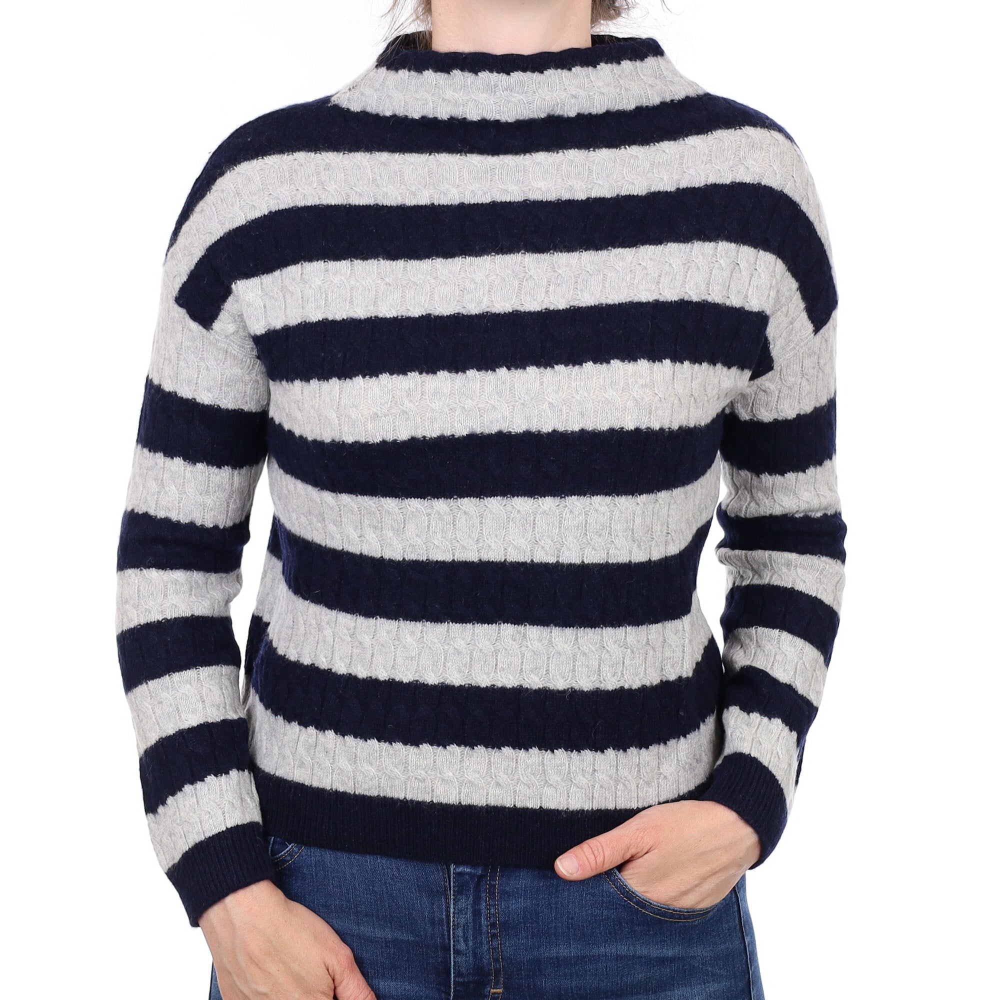 Grey and Navy Striped Cashmere Turtleneck Jumper Small
