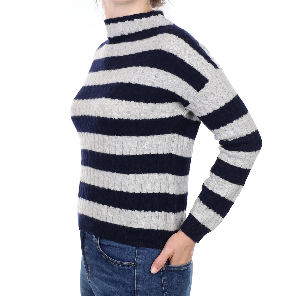 Grey and Navy Striped Cashmere Turtleneck Jumper Small