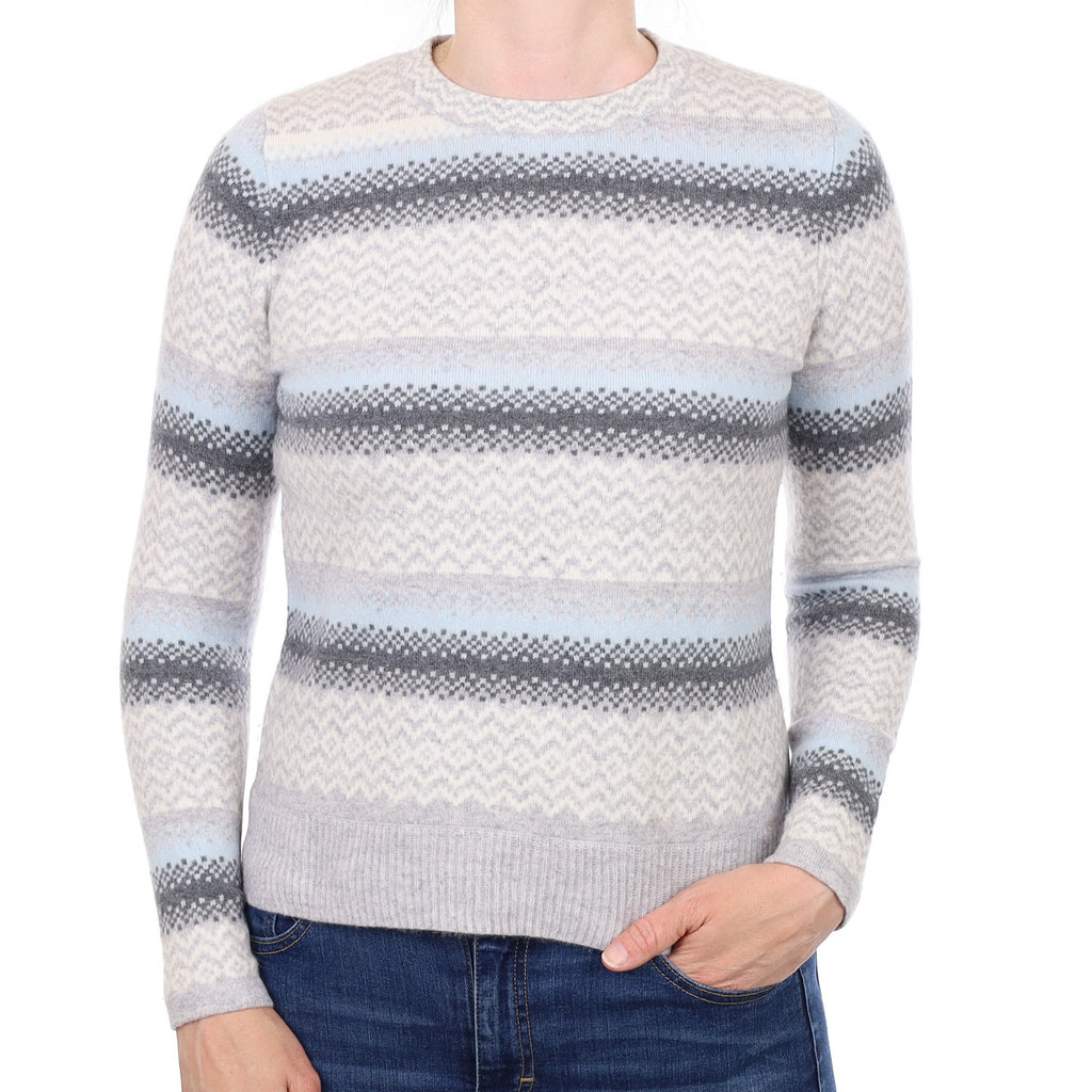 Grey and Blue Fair Isle Cashmere Crew Neck Jumper Small