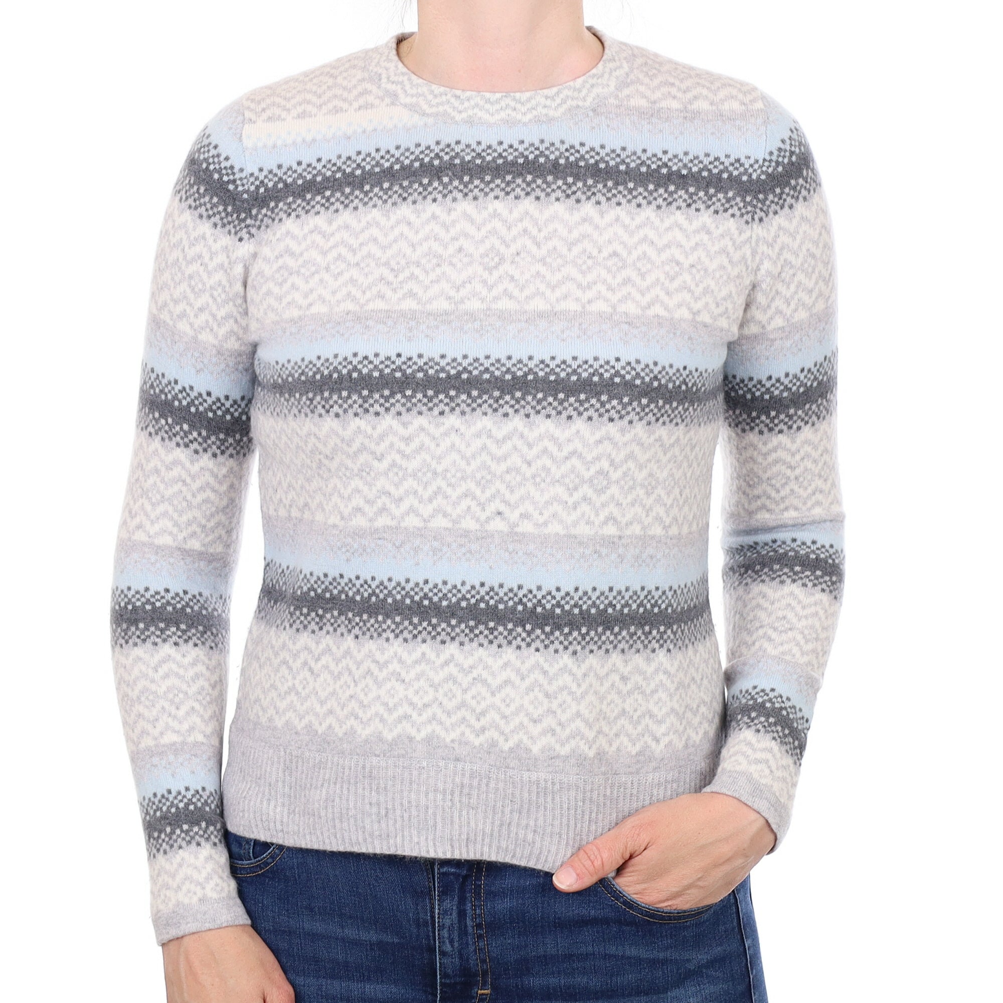 Grey and Blue Fair Isle Cashmere Crew Neck Jumper Small