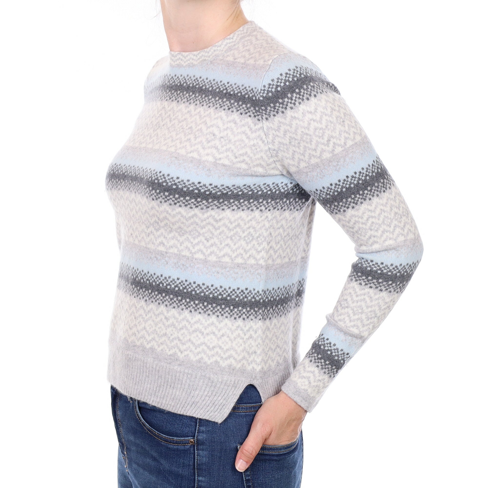 Grey and Blue Fair Isle Cashmere Crew Neck Jumper Small
