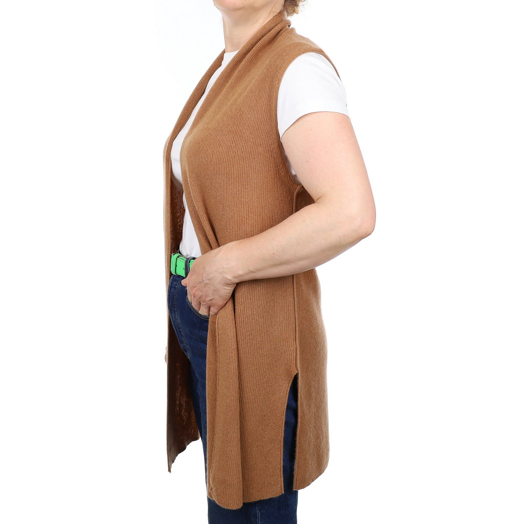 Cinnamon Brown Rib Cashmere Longline Sleeveless Cardigan Medium