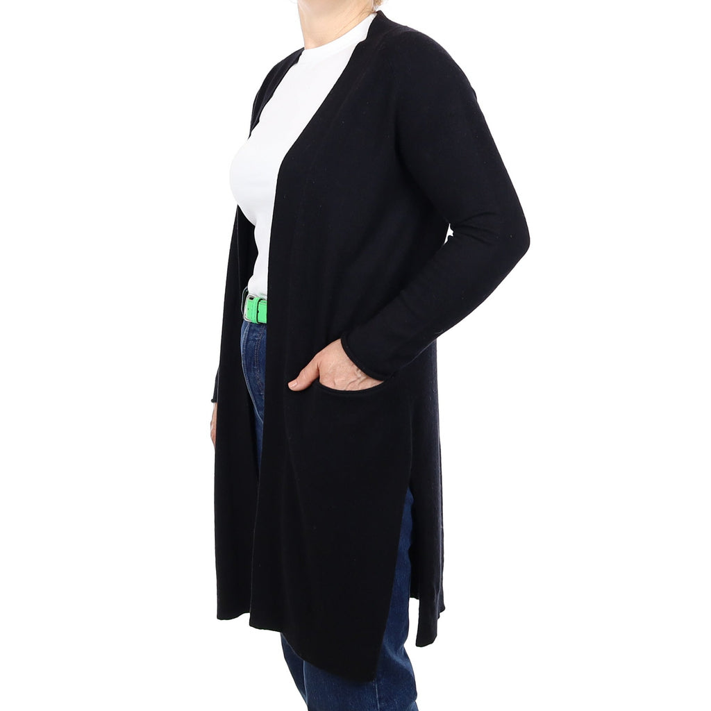 Black Cashmere Longline Edge to Edge Cardigan with Pockets Medium