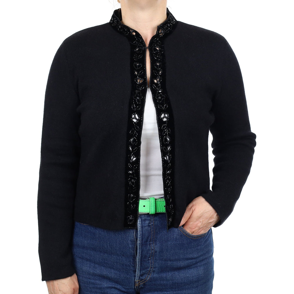 Hanae Mori Black Embellished Cashmere Crew Neck Cardigan Medium