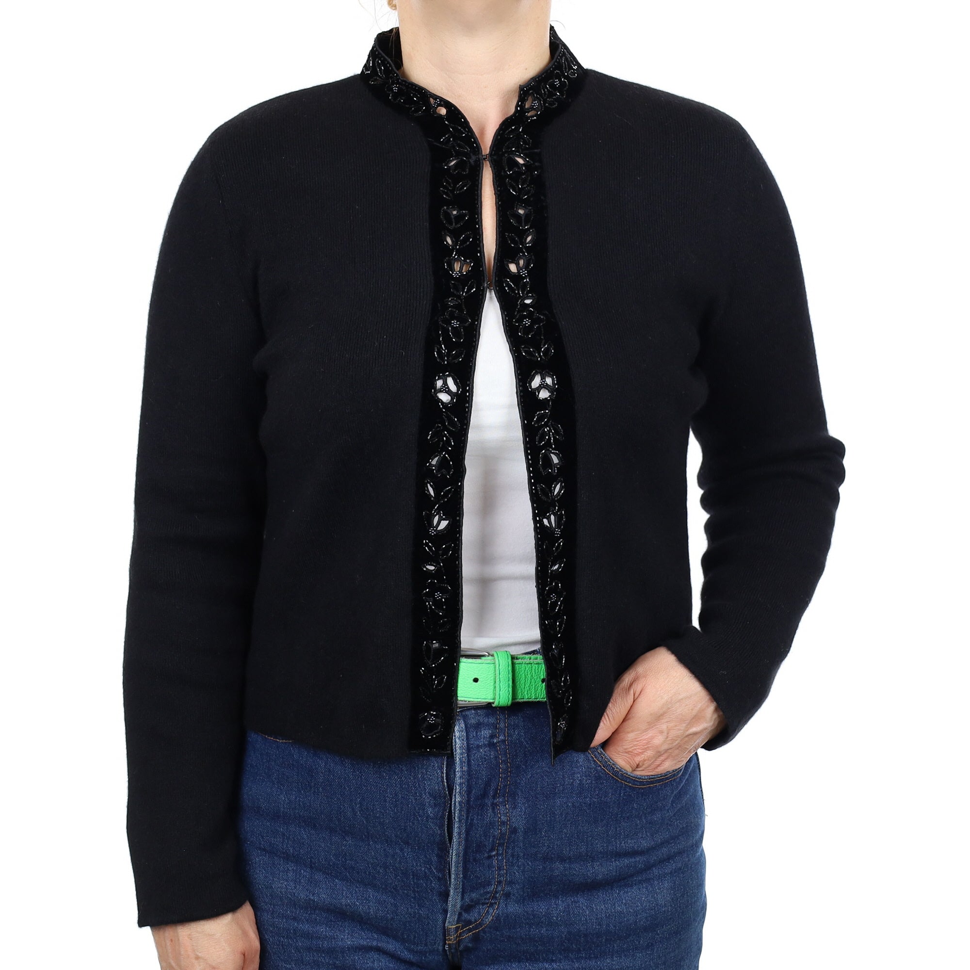 Hanae Mori Black Embellished Cashmere Crew Neck Cardigan Medium