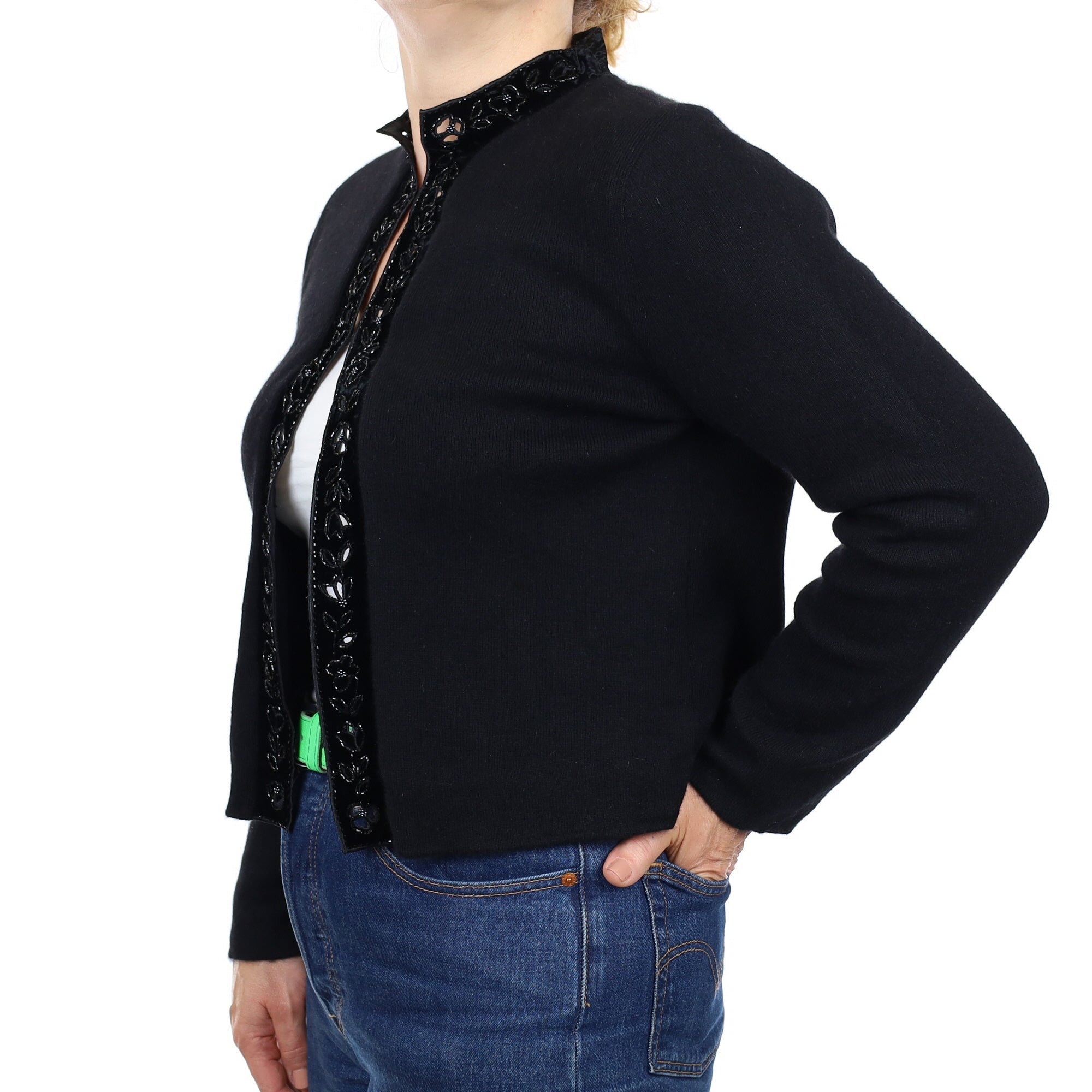Hanae Mori Black Embellished Cashmere Crew Neck Cardigan Medium