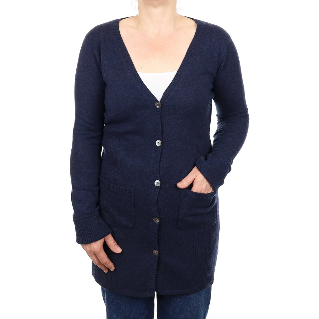 Midnight Blue Cashmere Longline V Neck Cardigan with Pockets Medium
