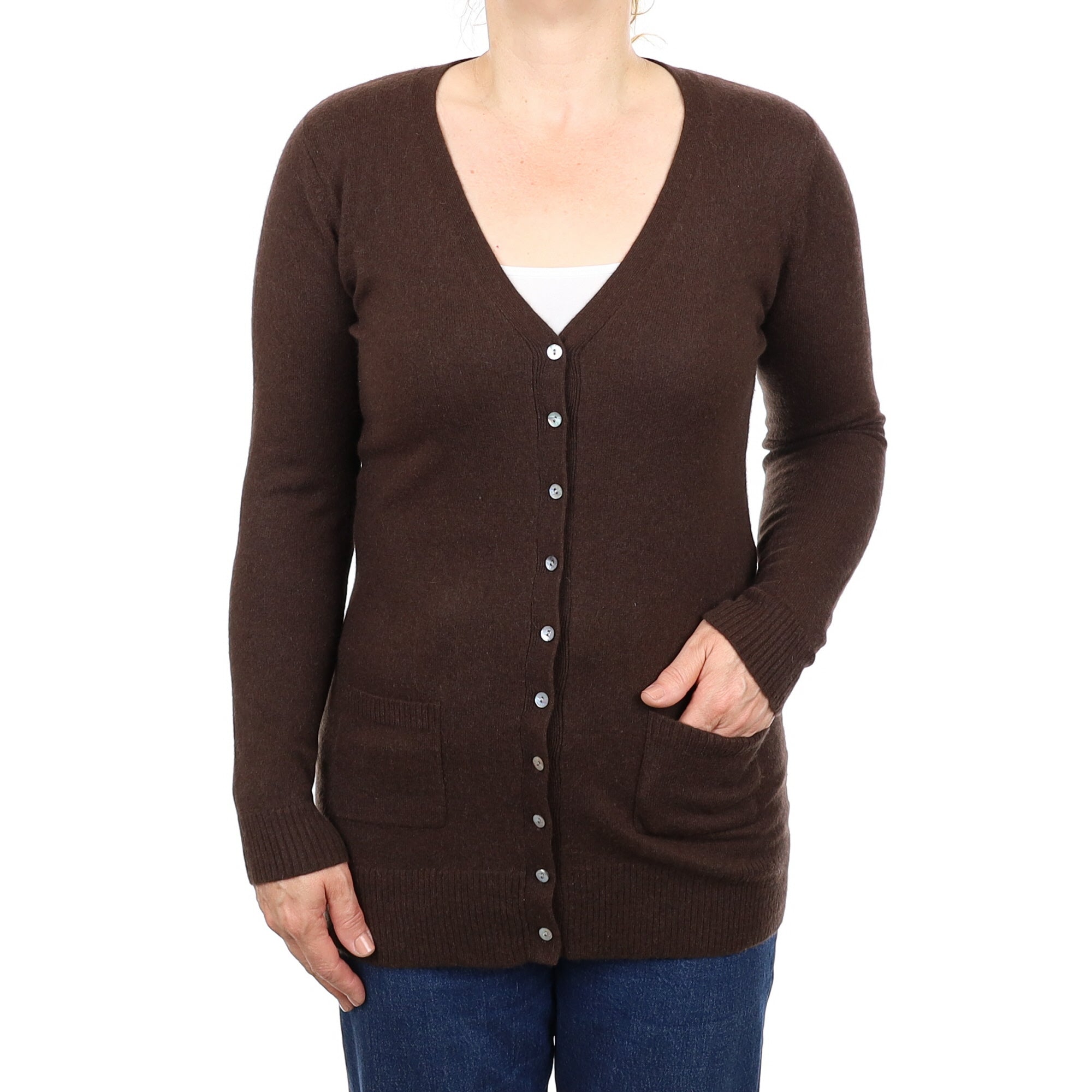 Dark Chocolate Cashmere Longline V Neck Cardigan with Pockets Medium
