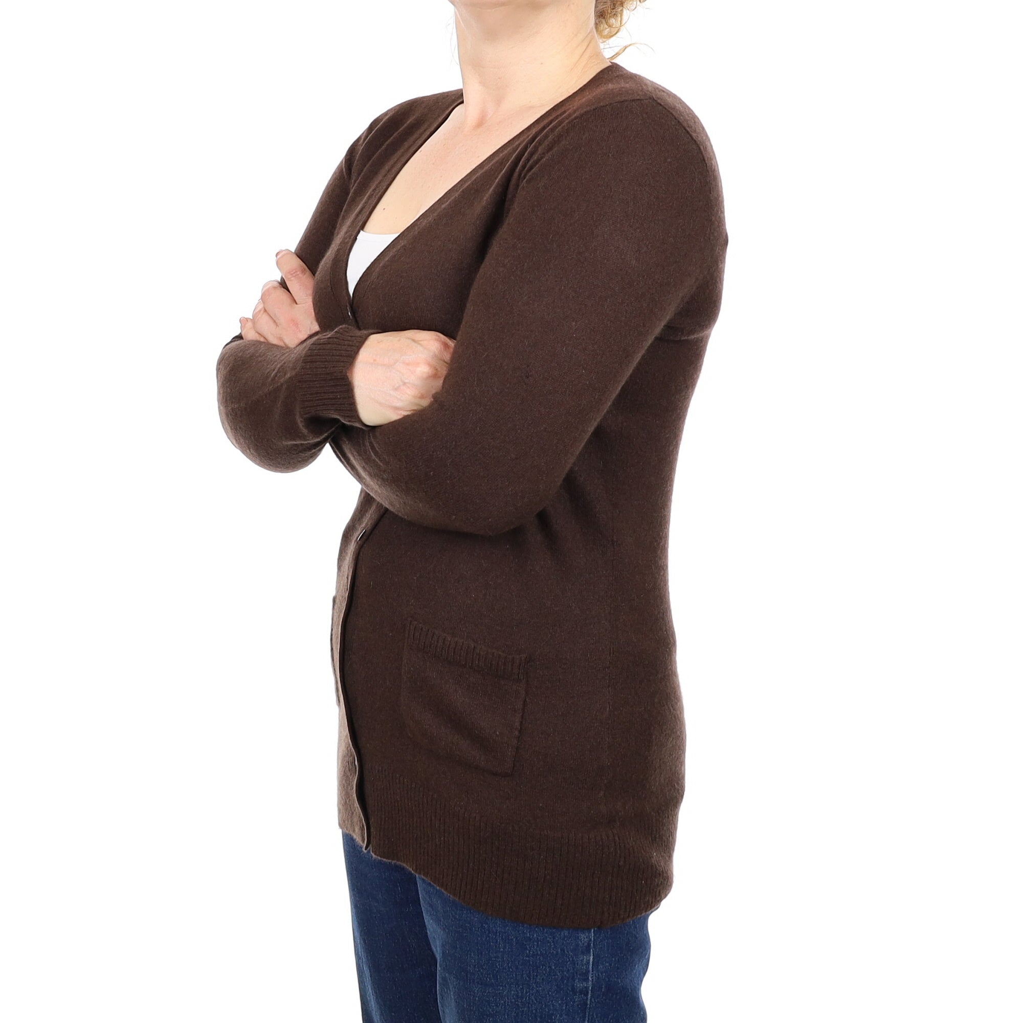Dark Chocolate Cashmere Longline V Neck Cardigan with Pockets Medium