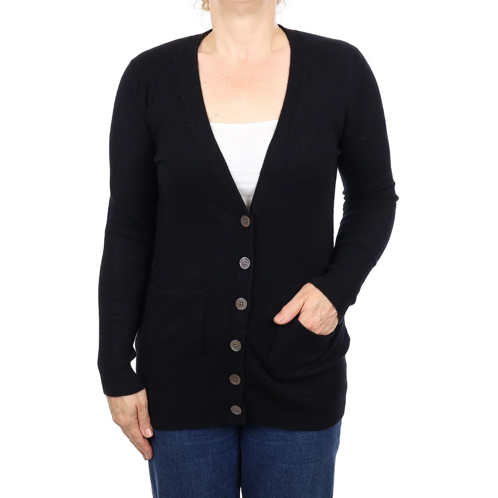 Black Cashmere Longline V Neck Cardigan with Pockets Medium