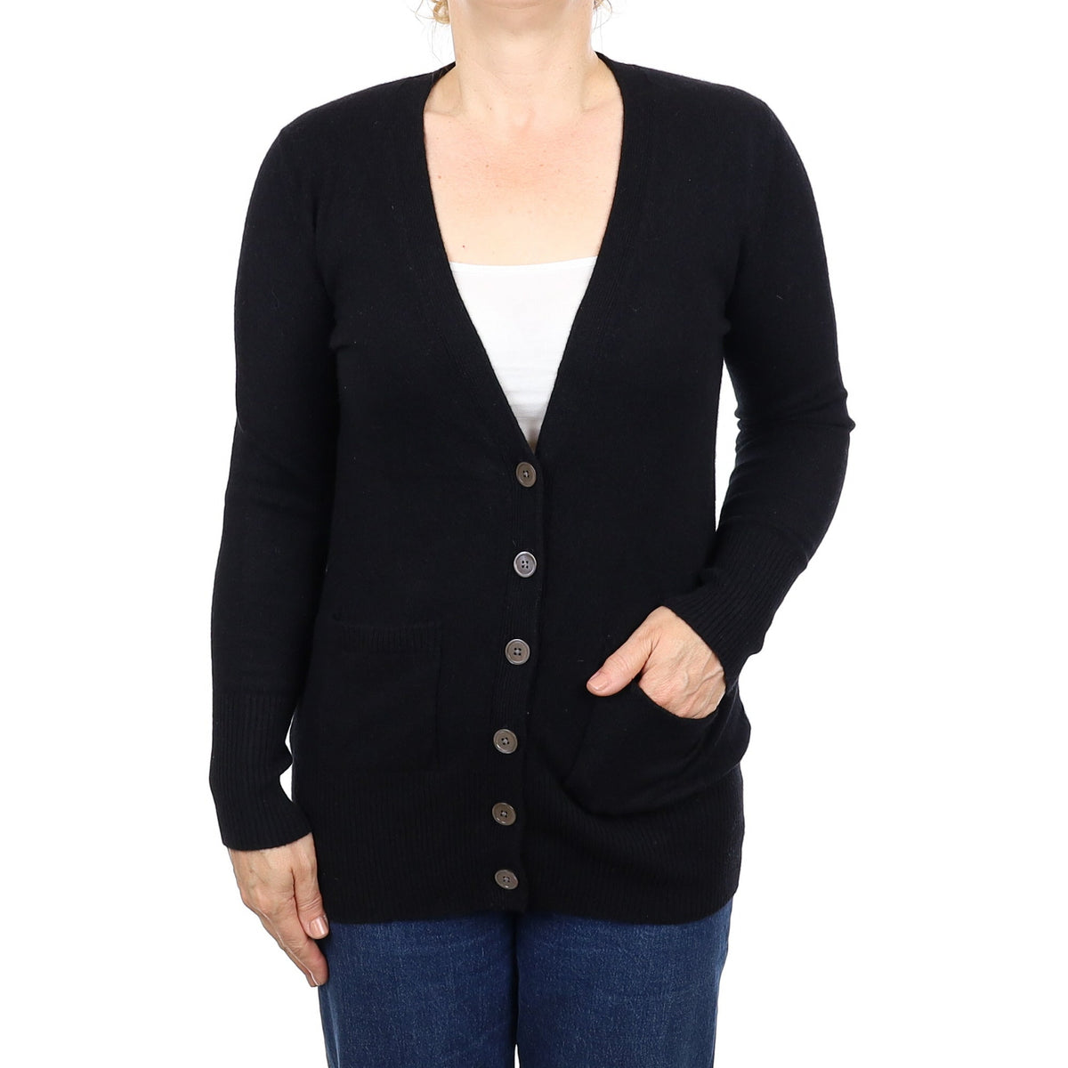 Black Cashmere Longline V Neck Cardigan with Pockets Medium