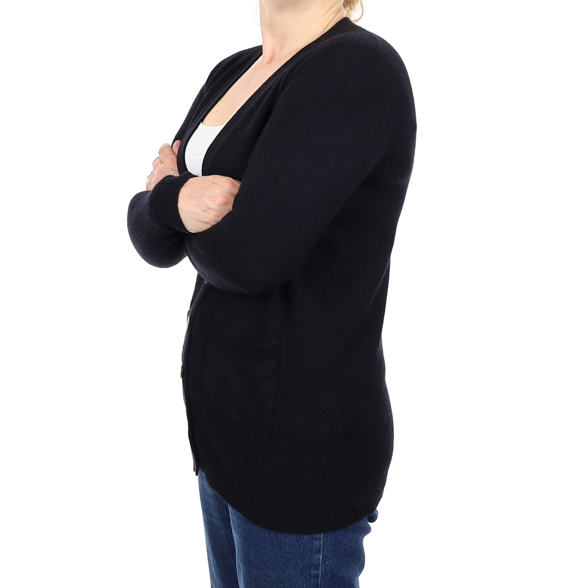 Black Cashmere Longline V Neck Cardigan with Pockets Medium
