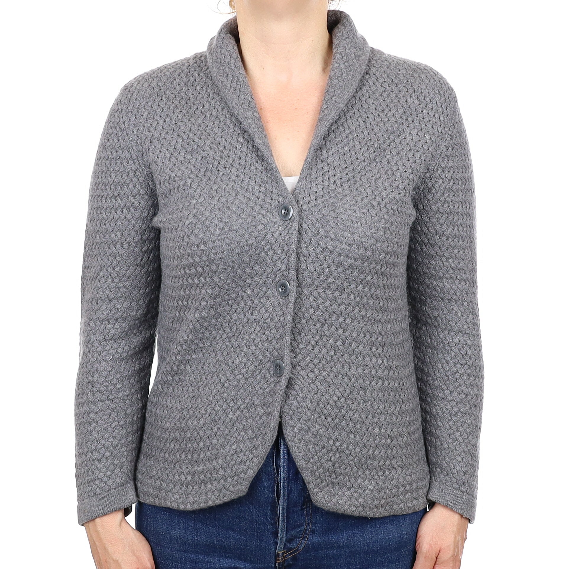 Slate Grey Cashmere Basket Weave Shawl Collar Cardigan Medium