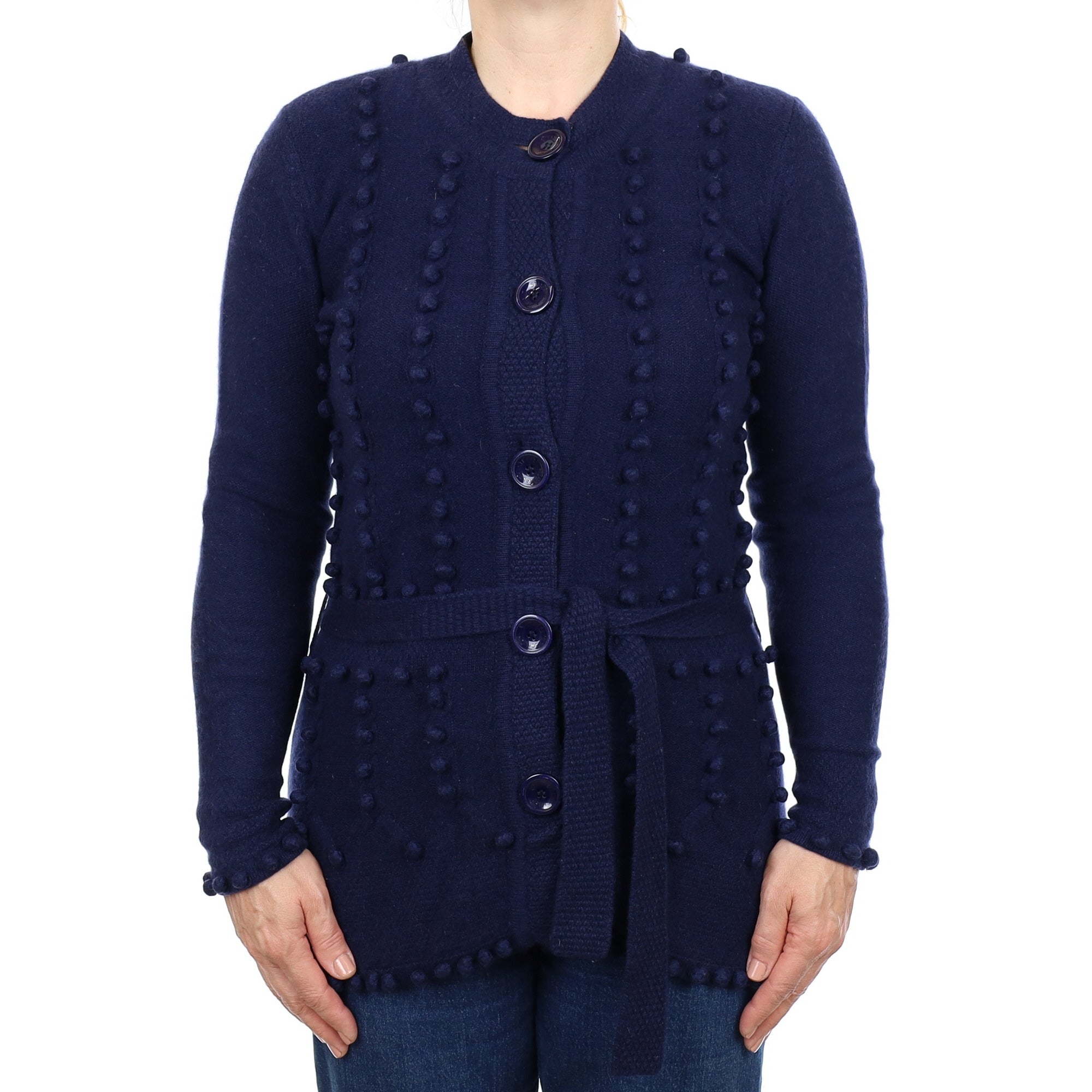 Navy Cashmere French Knot Detail Cardigan with Belt Medium