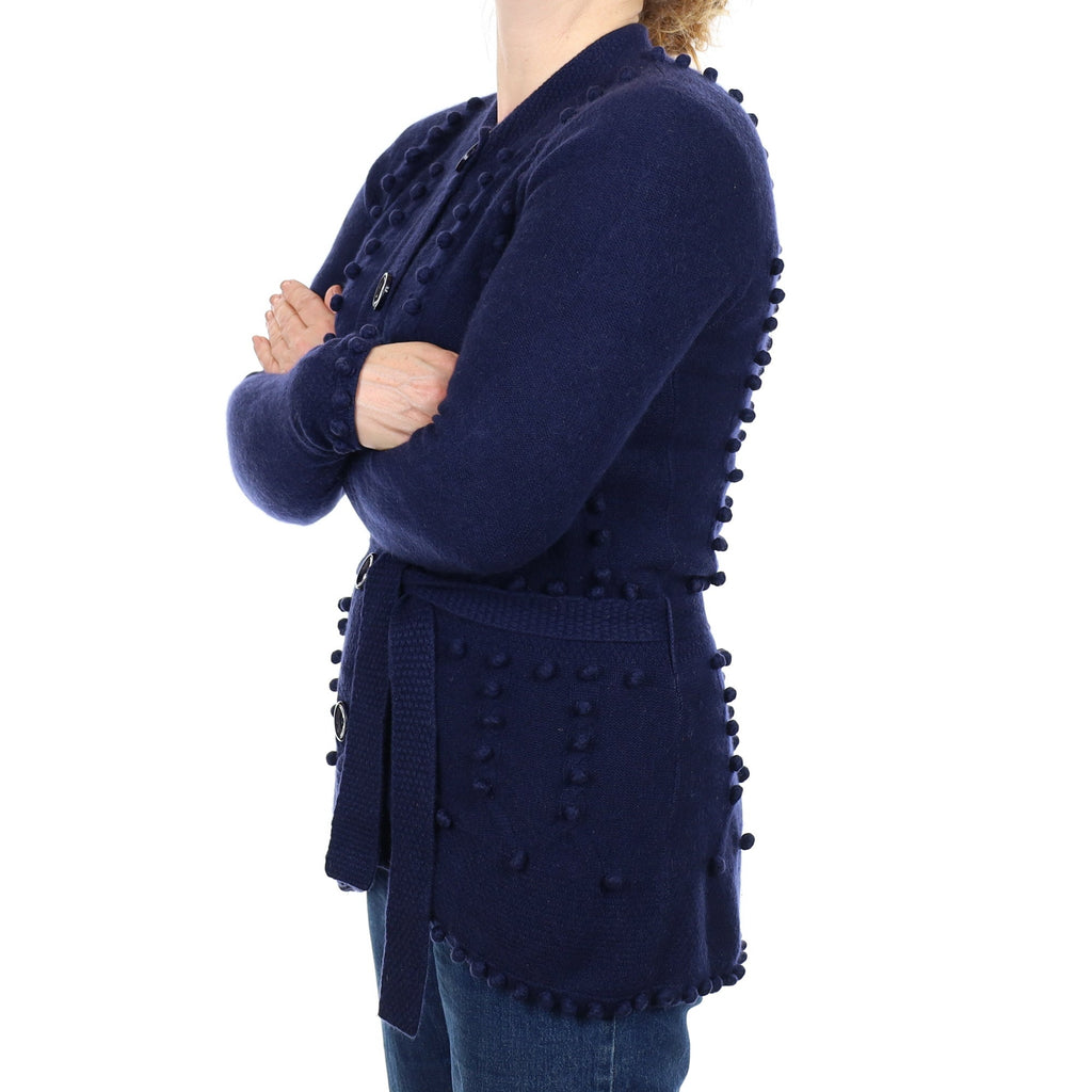 Navy Cashmere French Knot Detail Cardigan with Belt Medium