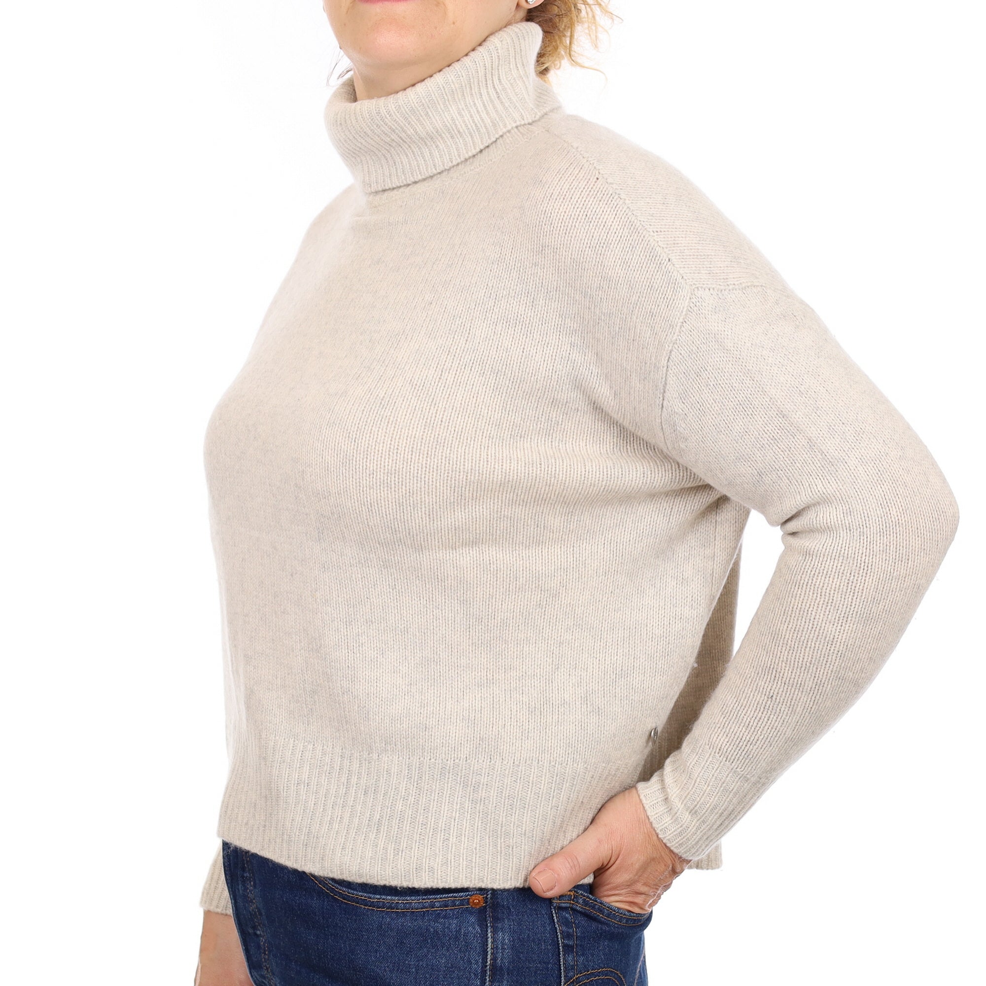 Mist Grey Heavy Knit Cashmere Boxy Polo Neck Jumper Medium
